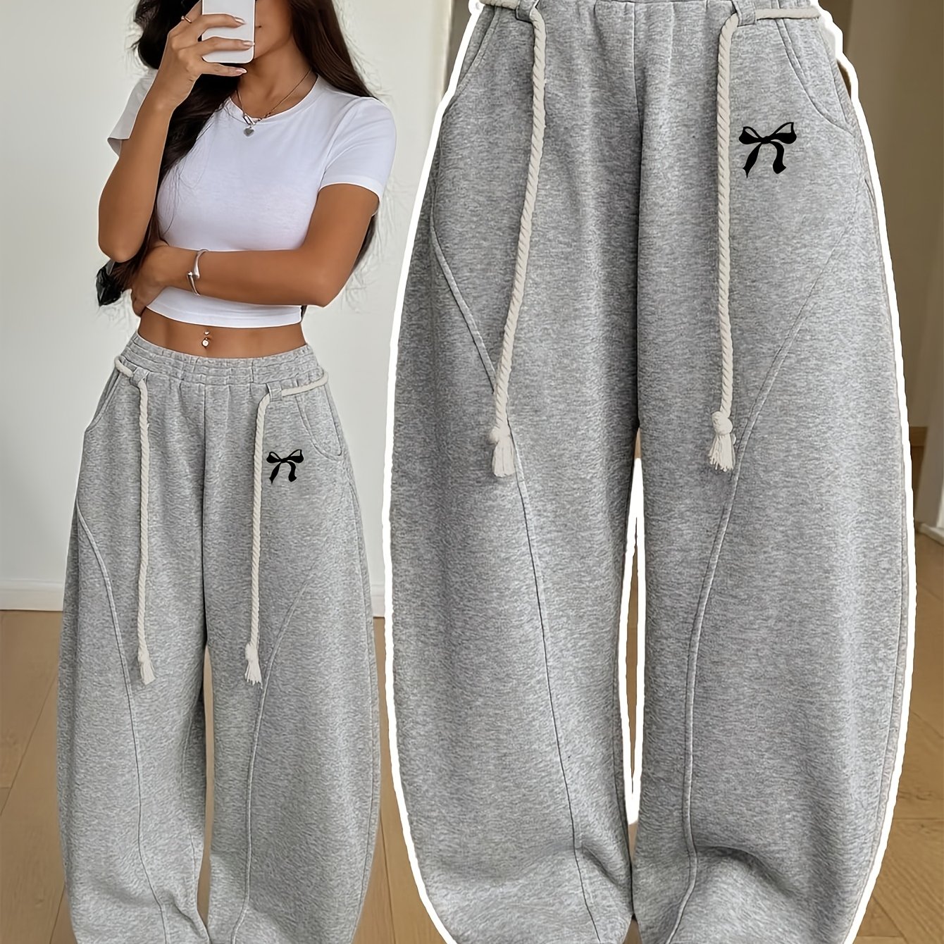 TEMU Women's Autumn Winter Fleece Loose Casual Bootcut Long Pants, Premium Niche Sweet Cool Elegant Design Sense Lazy Fun Bow Pattern Print, Suitable