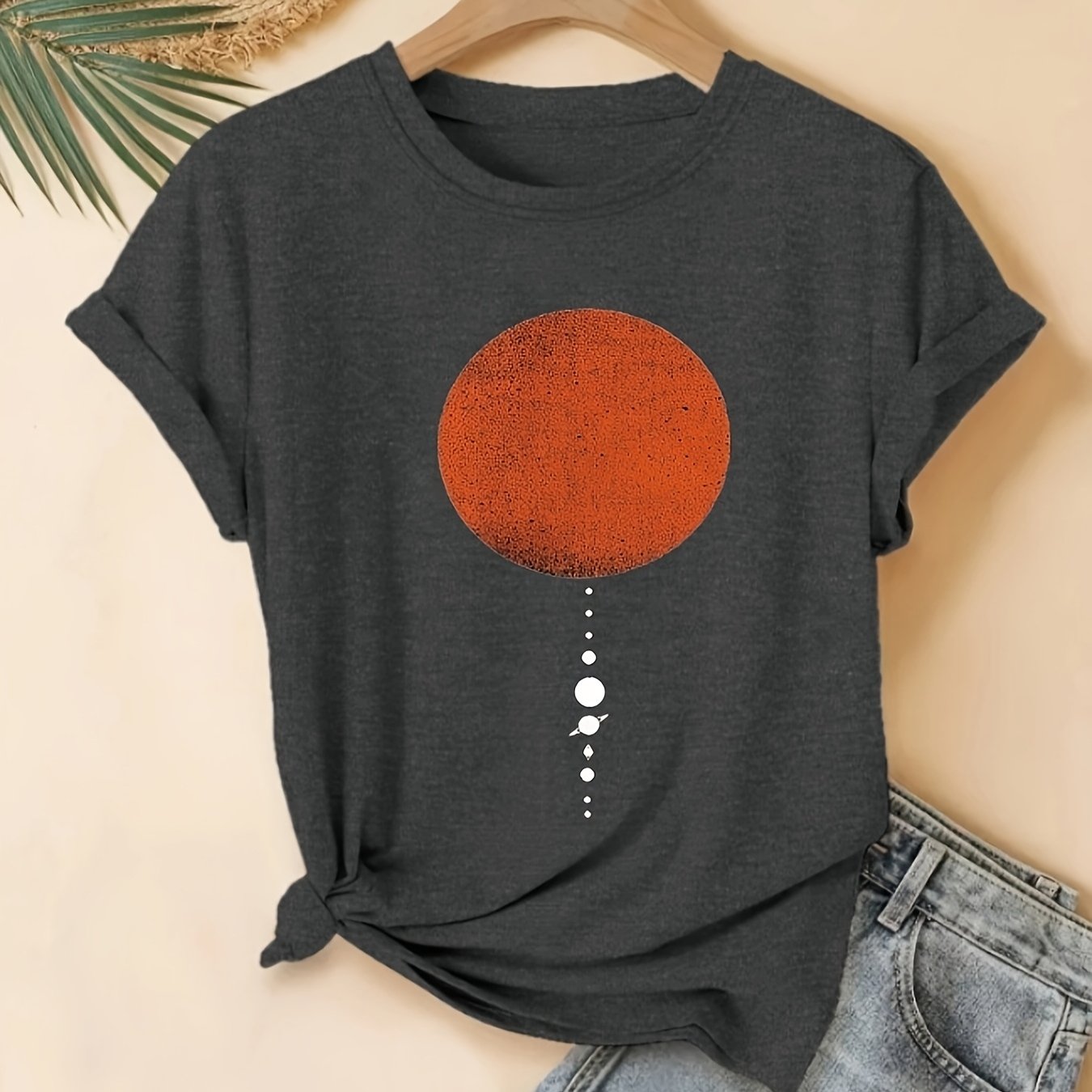 TEMU T-shirt à imprimé à motif géométrique circulaire, haut décontracté à manches courtes et col ras du cou pour l'été et , vêtements pour femme