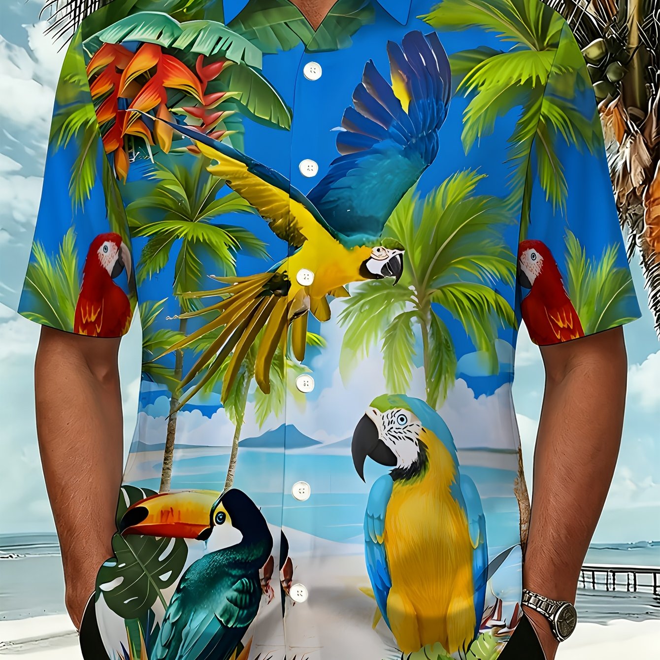 TEMU Men's Hawaiian Aloha Vibrant Parrot And Tropical Print Shirt