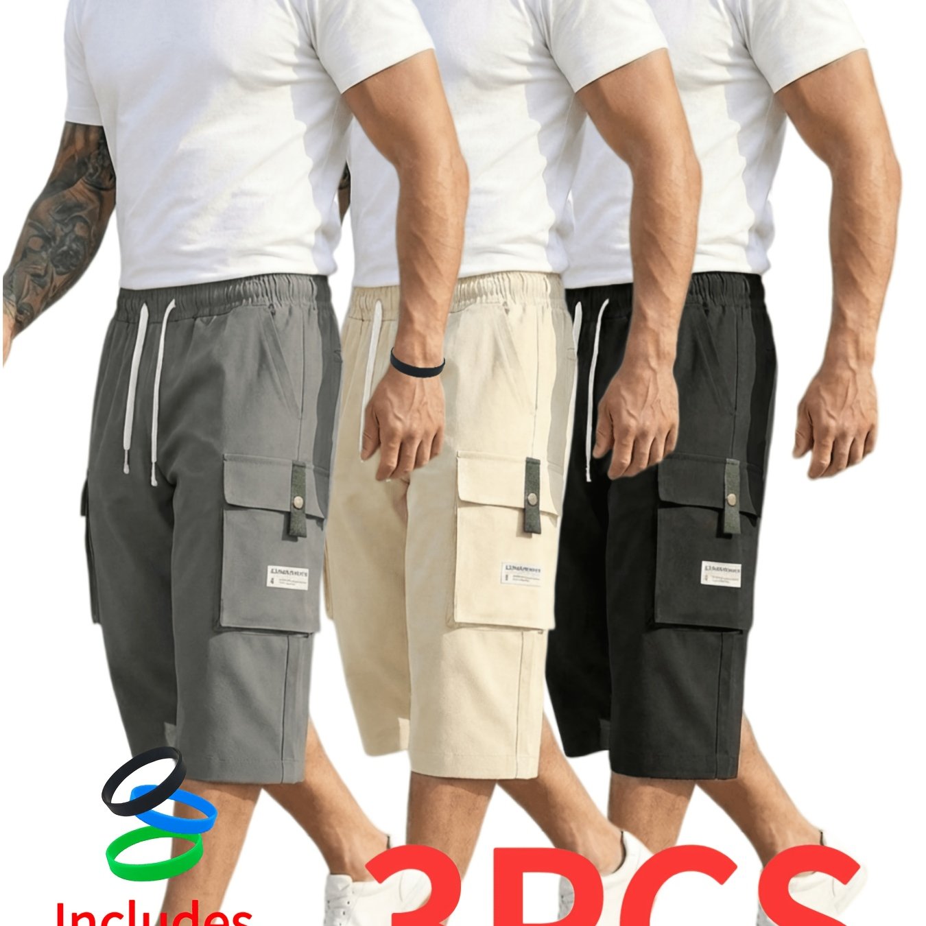 TEMU 3-pack Men's Casual Cargo Capri Pants(includes Wristband), Lightweight & Breathable, Elastic Drawstring Waist, Multiple Pockets,