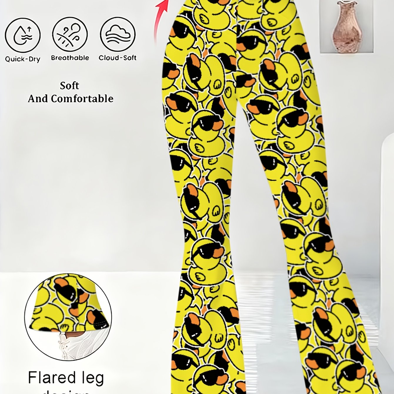 TEMU [] Women's High-waist Flared Pants With Yellow Duck Print And Sunglasses Design. Elastic Wide-leg Trousers, Suitable For Casual Wear, Parties,