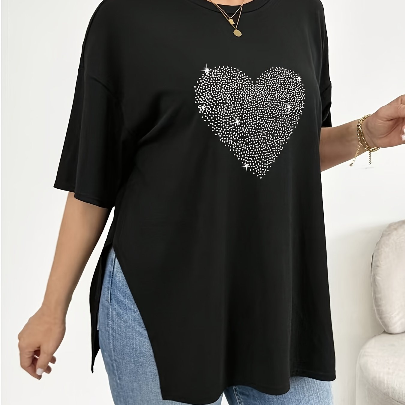 E-shop Plus Size, Damen T-Shirt mit Herz-Strass, Kurzarm, Seitenschlitz, Modisches Casual Top, Sommer