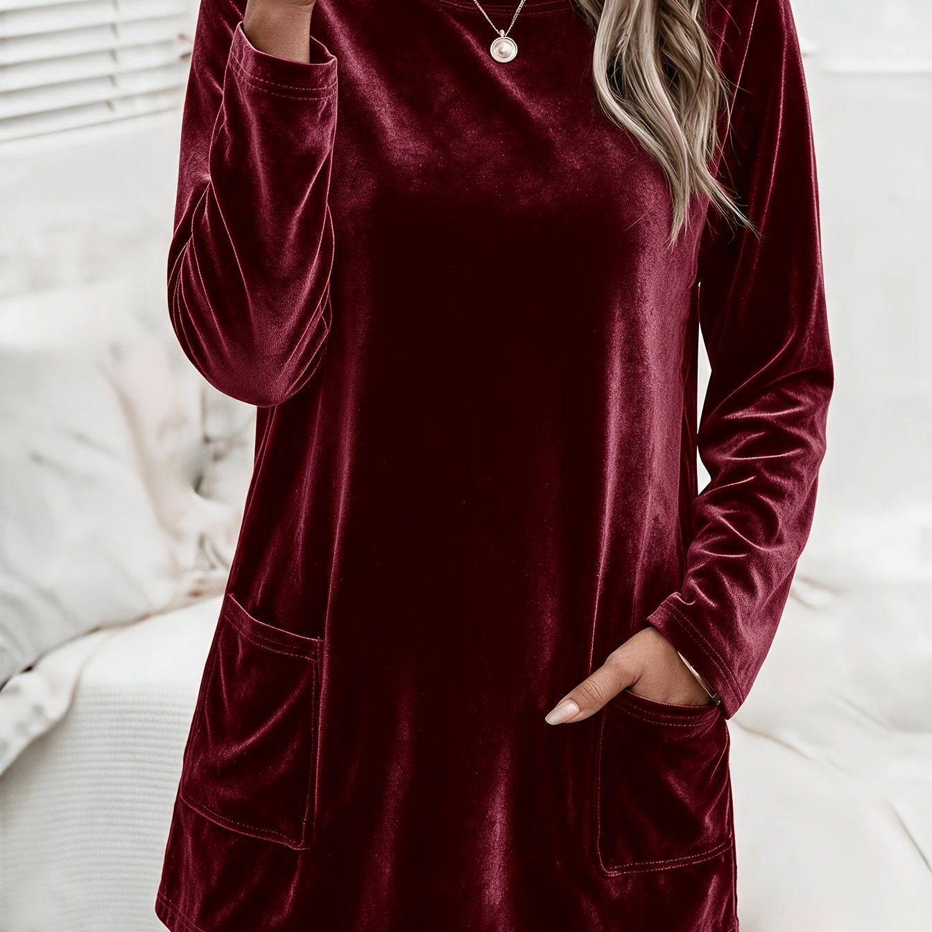 TEMU New Women's Korean-style Long-length Top, Fashionable Women's Casual Warm And Comfortable Velvet Fabric, Long-sleeved Double-pocket Breathable
