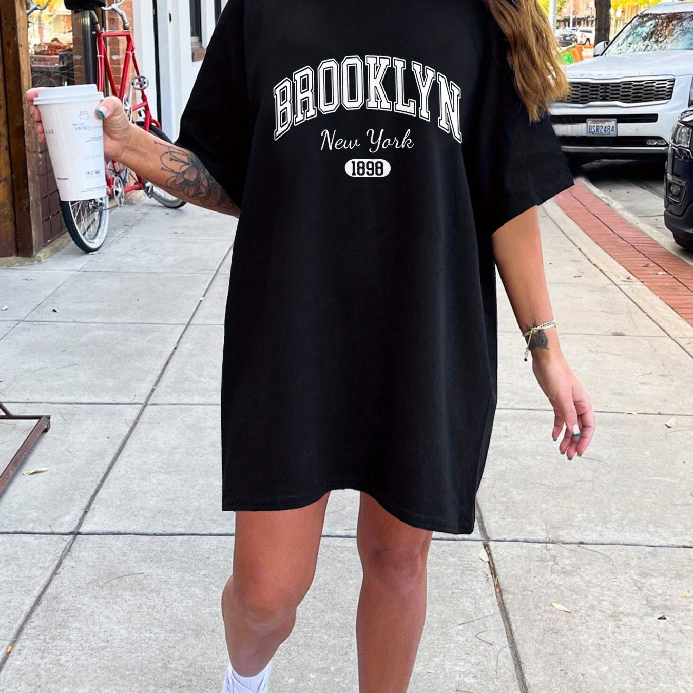 Brooklyn Print Crew Neck Tee Dress, Casual Short Sleeve Dress For , Women's Clothing
