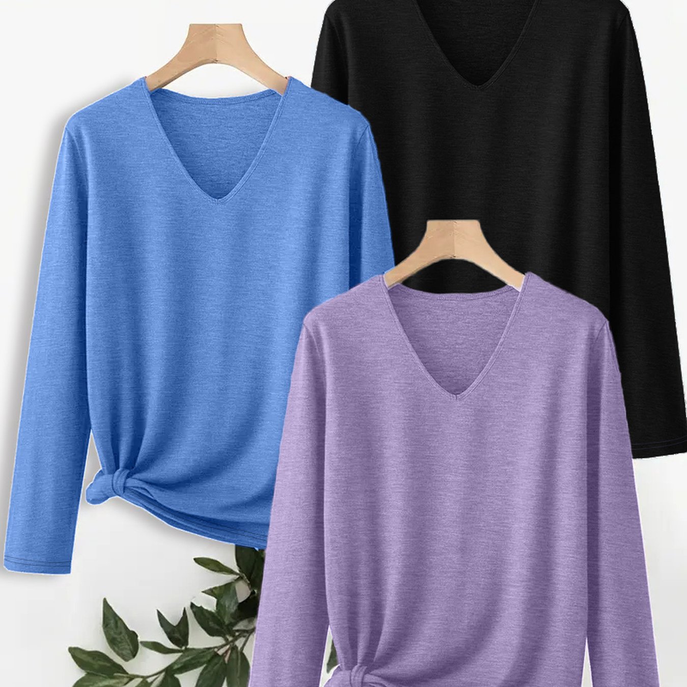 TEMU 3 Solid Color V-neck Long Sleeve T-shirts, New Minimalist And Stylish Women's Tops For Spring And Autumn, Comfortable And Casual, Basic And