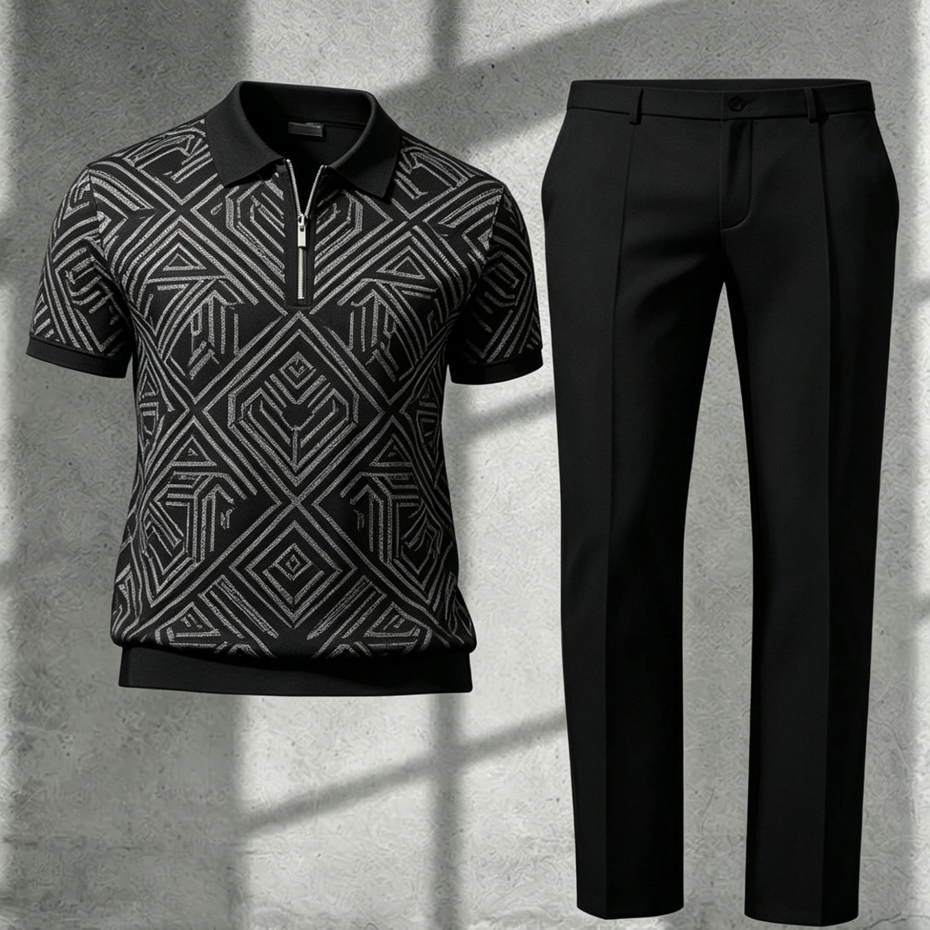Image of Men's Casual Short-sleeve And Long Pants Set, Geometric Design, Suitable For Outdoor , Loose And Comfortable Set, Men's Four-season Outfit Set, Men's Gift
