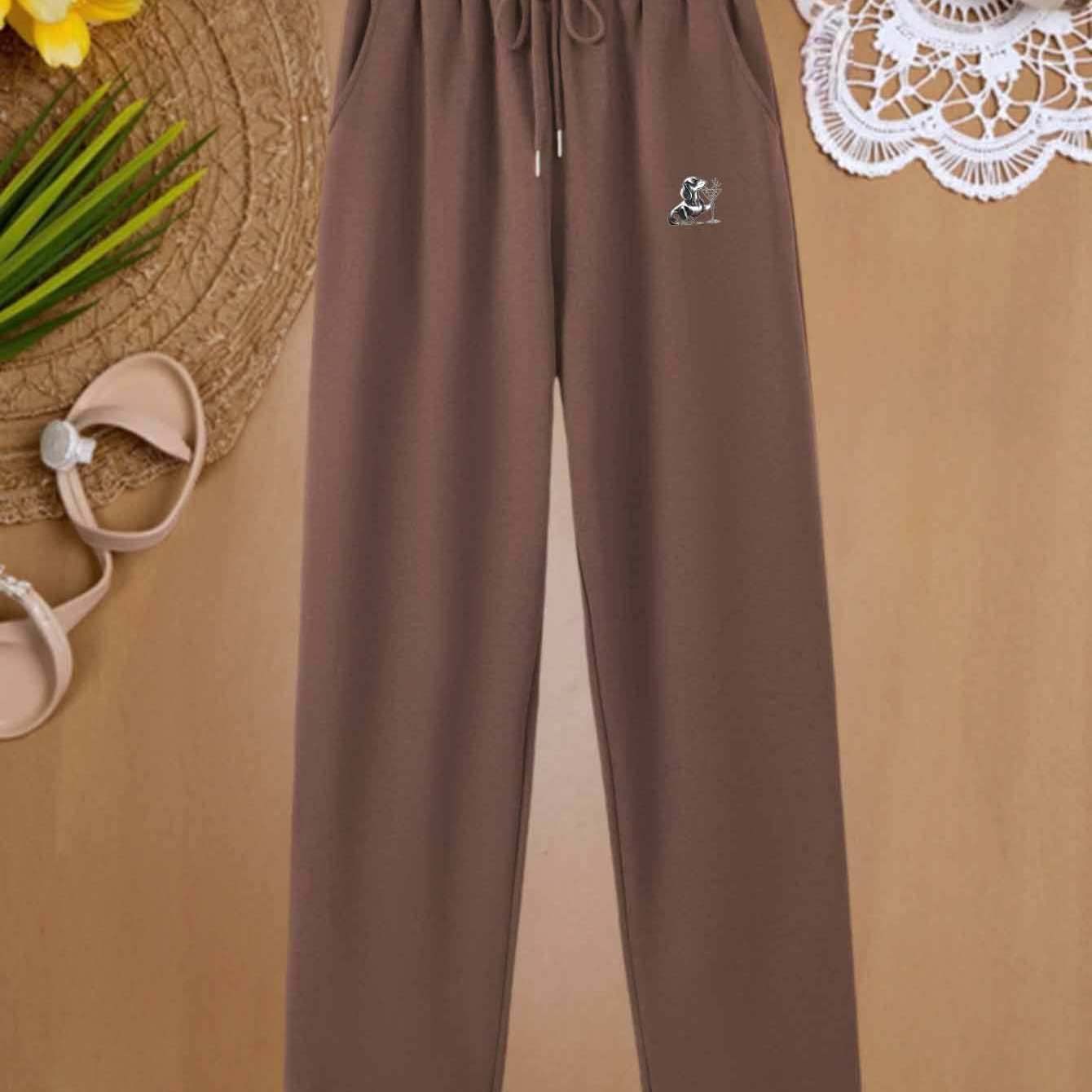 TEMU Comfortable Women's Straight-leg Casual Jogger Pants, Elegant And Simple Women's Long Pants, Vintage Fun Drawstring Waist Pants, Long Pants,