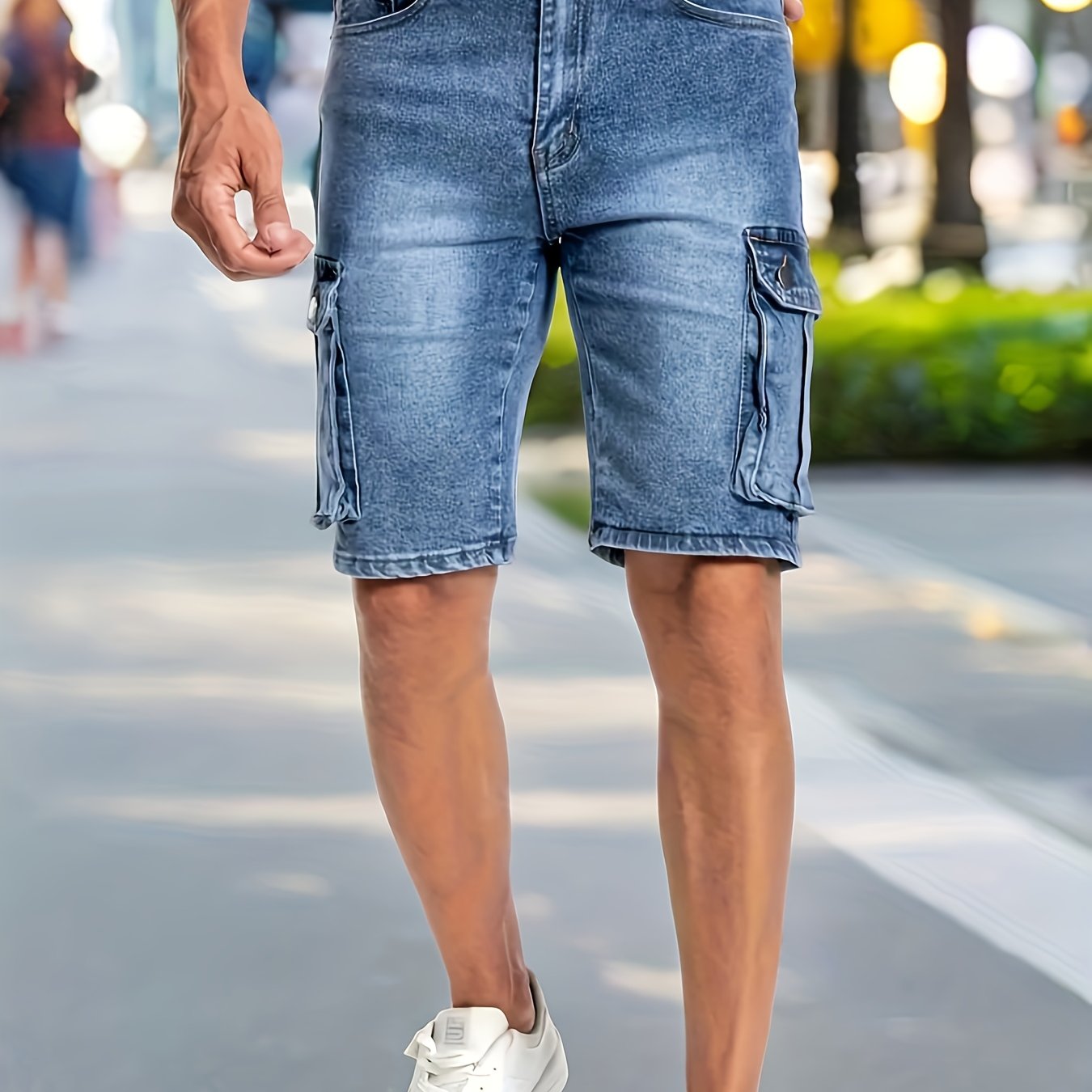 Image of Men's Stretch Cargo Denim Shorts, Heavy Washed Multi Pocket Slim Fit Jean Shorts Casual Summer Knee Length Cargo Jorts