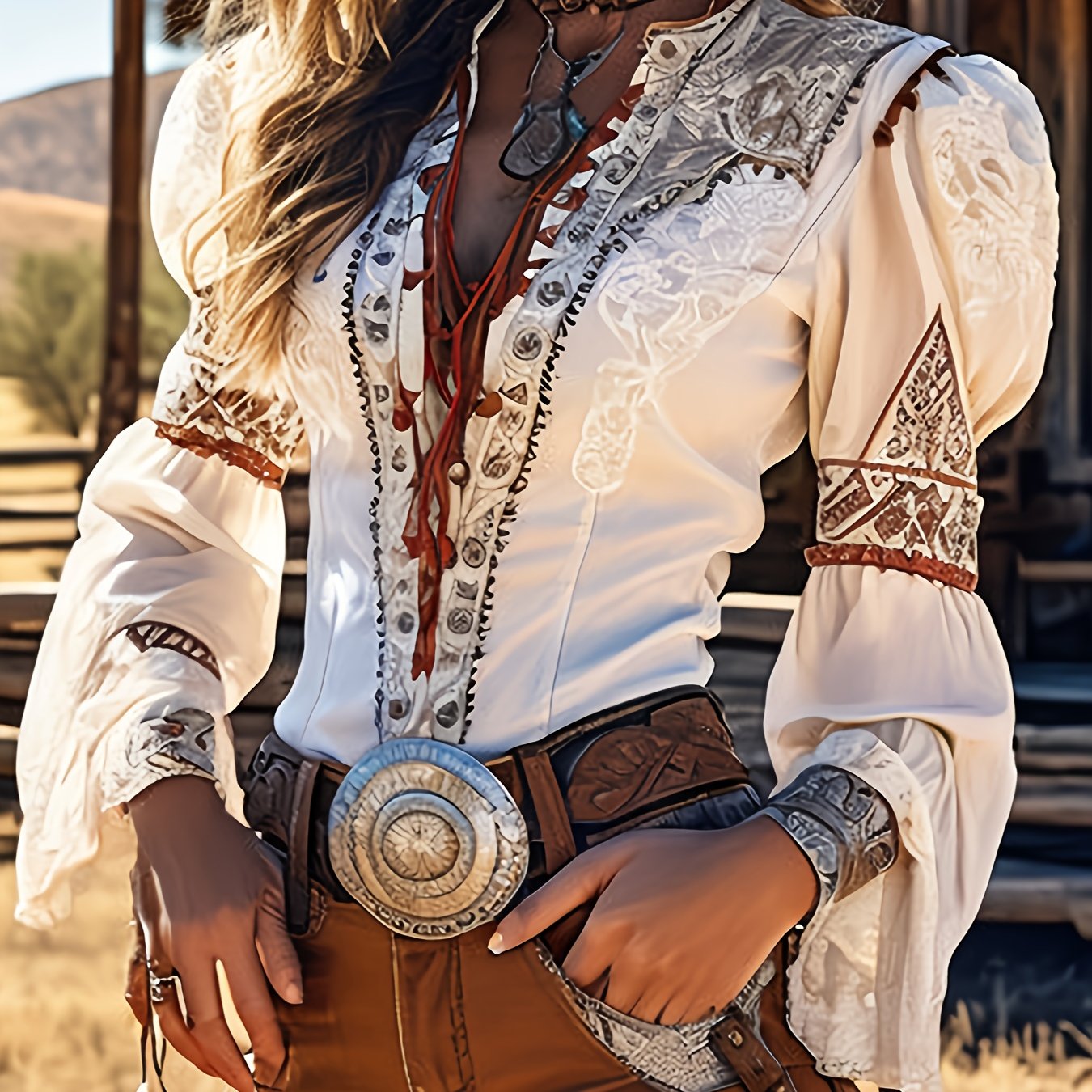 TEMU Elegant Vintage Western Lace-up Flare Sleeve Blouse With Floral Print – Long Sleeve, Sheer Detailing, Polyester, Women’s Fashion For Casual Or Festive Occasions, Ladies Blouses