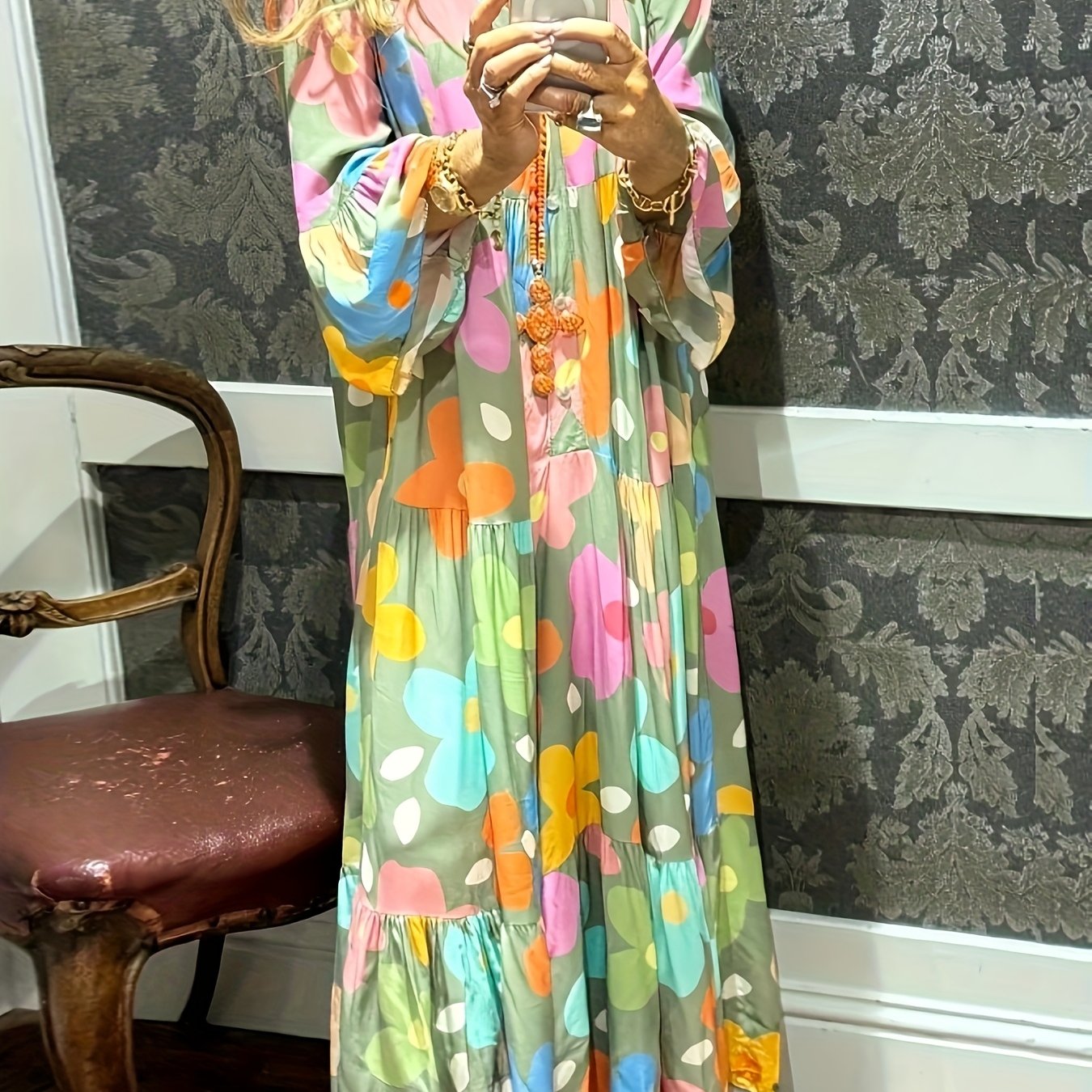 womens boho floral print v neck maxi dress with layered ruffle hem button closure   4 flared sleeves super loose fit for spring summer relaxed fit dress   sleeve dress polyester dress cute dresses