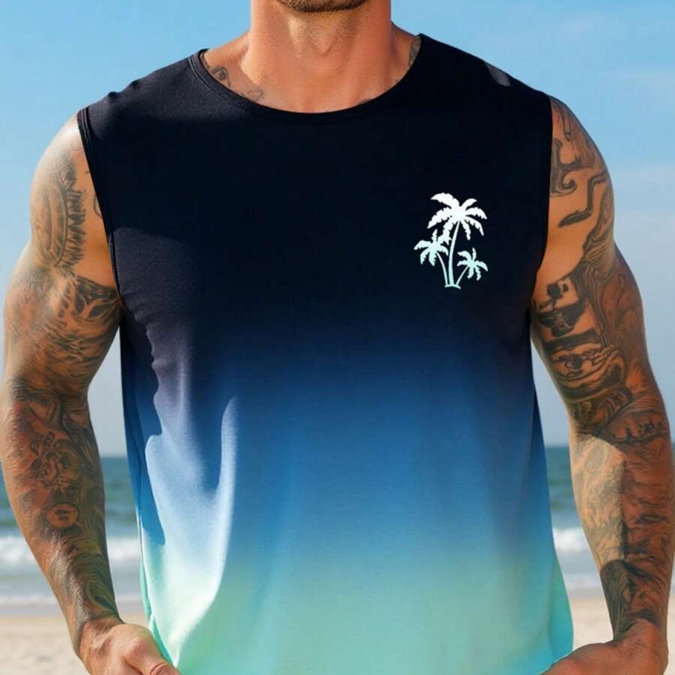 TEMU [printed Design - Not Textured] Gradient Coconut Tree Print Men's Sleeveless Tank Top, Summer Beach Style Loose Fit Casual Fitness Vest, Plus