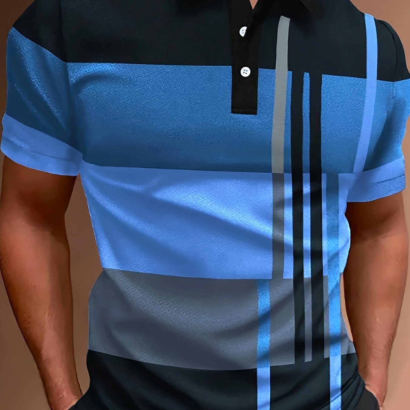 Men's Short Sleeved Shirt With , Contrasting Blue, Black, And Gray Gradient Stripe Splicing Style, Trendy Contrasting Color, Fashionable , , Breathable Fabric Suitable For Daily Use