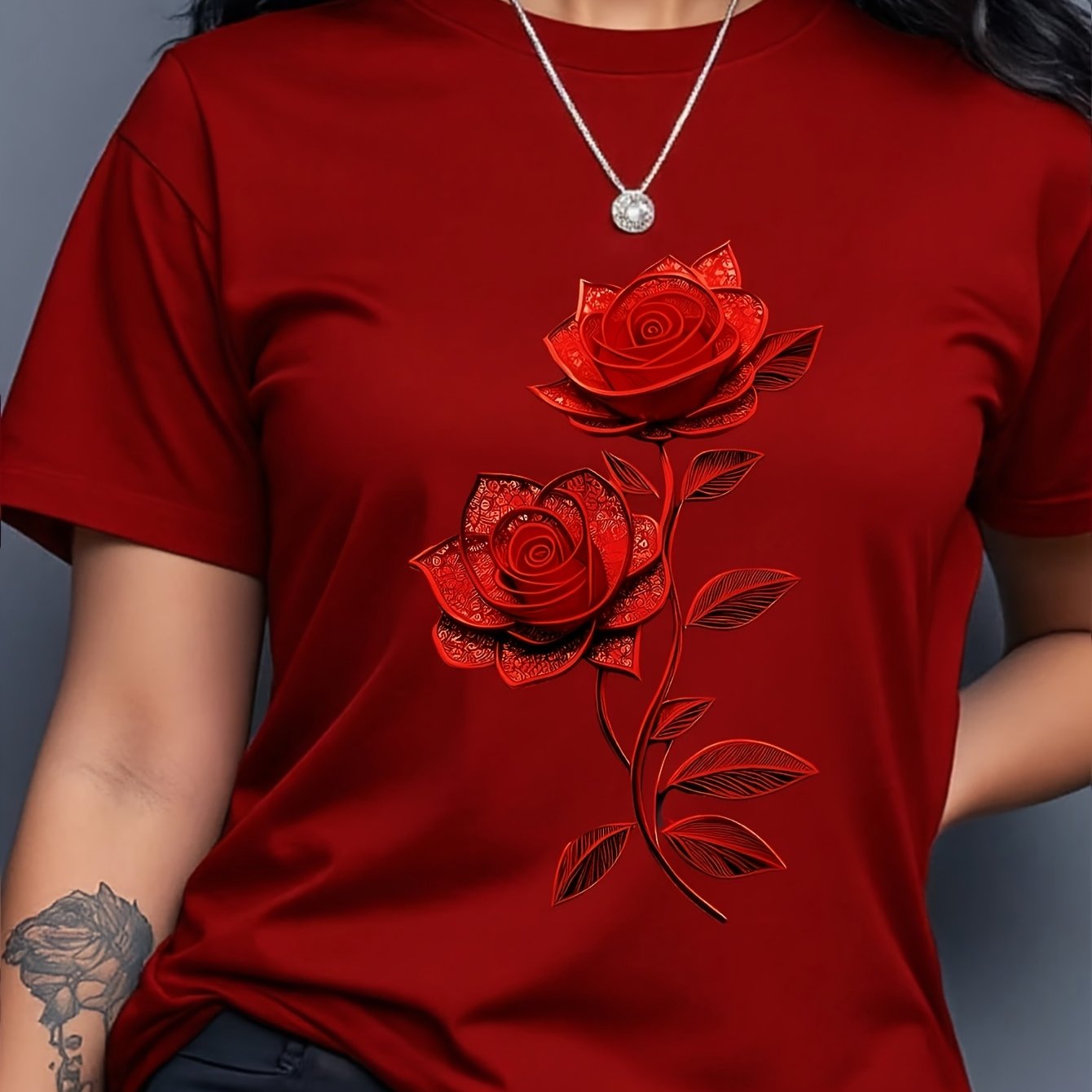 TEMU Damen T-Shirt mit rotem Rosenprint, Kurzarm Stretch Sommer Top, Blumendesign Casual Sportlicher Stil, Valentinstag Freizeitkleidung, Mittlere