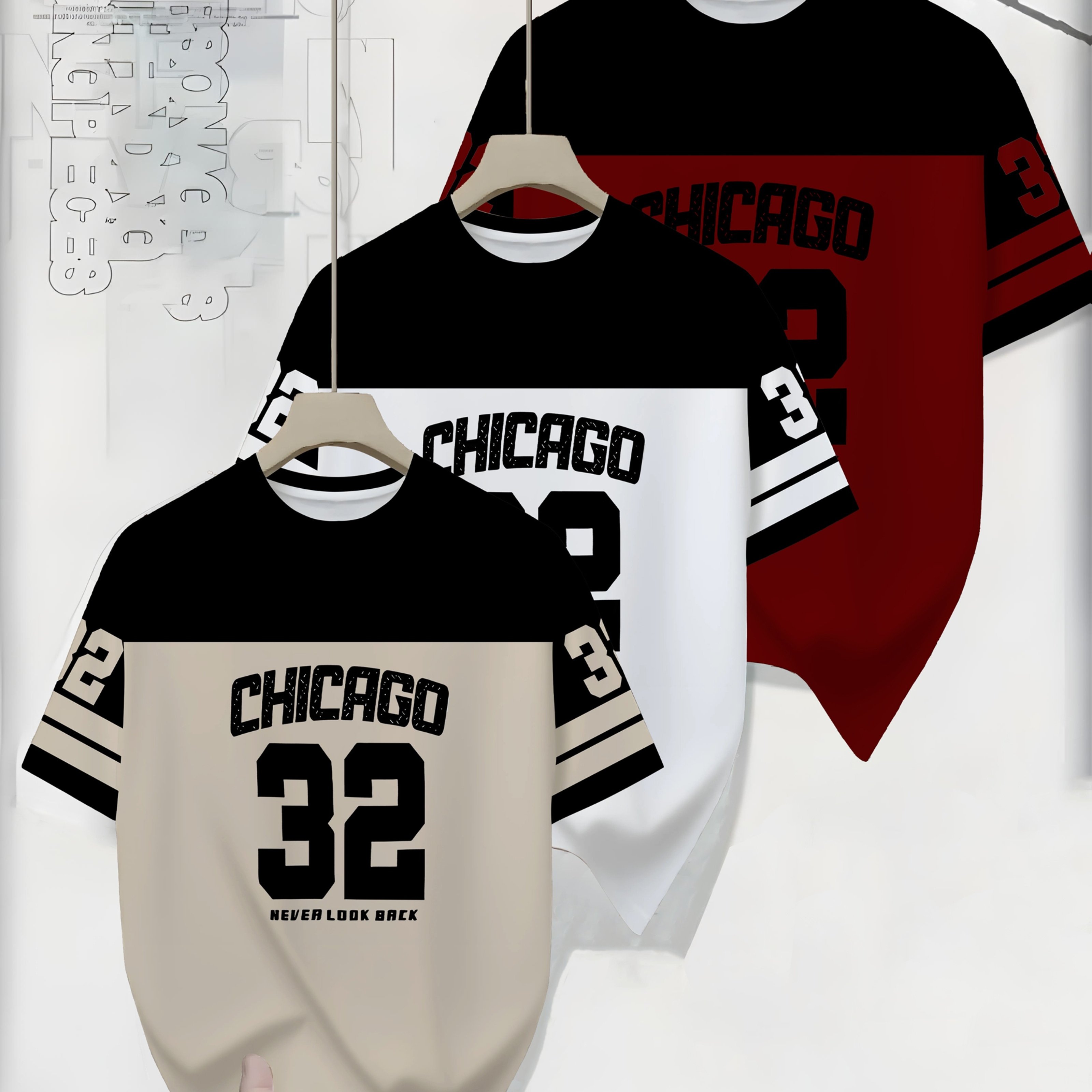 E-shop 3er-Set Herren Chicago #32 Grafik-T-Shirt – Lockere Passform, auffälliger schwarz-weißer Schriftzug, weicher -Strickstoff, atmungsaktiver