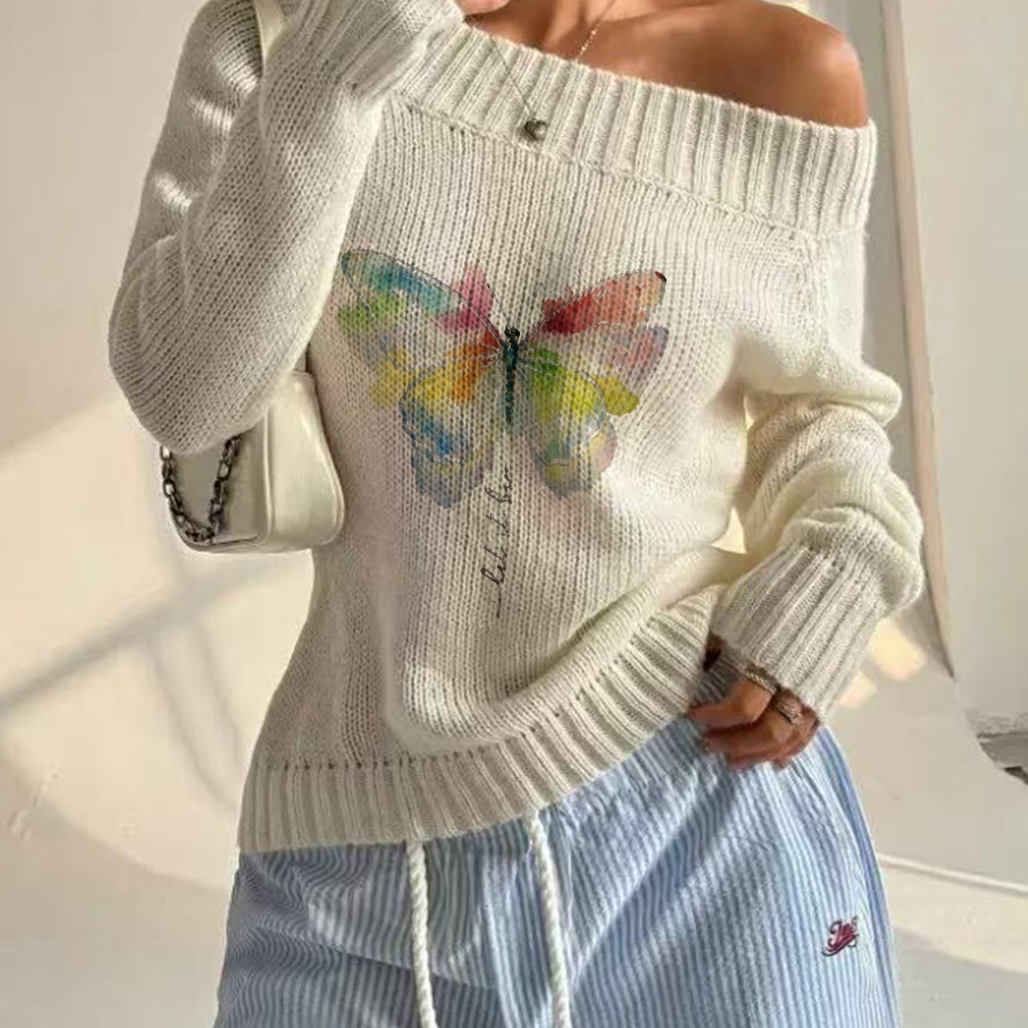TEMU Atmosphere-enhancing Slanted Shoulder Printed Sweater Women's Autumn And And Loose Off-shoulder Long-sleeved Sweater