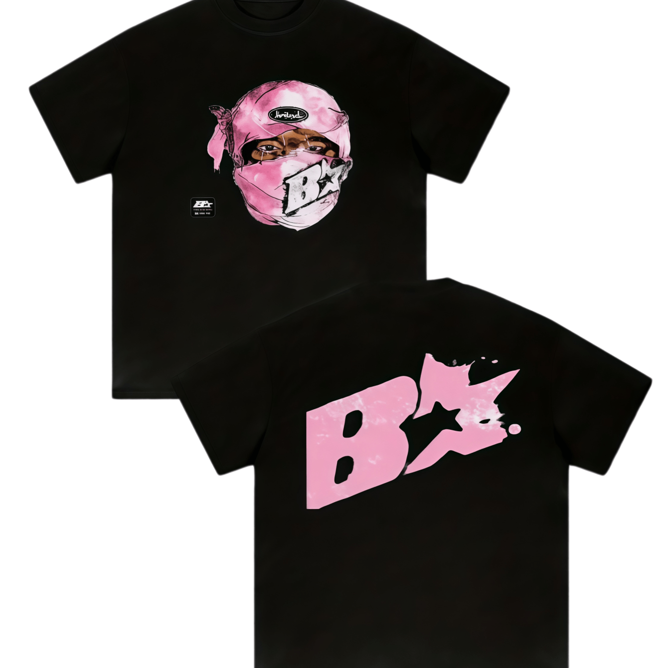 TEMU Streetwear Masked Figure T-shirt - Pink Hip-hop Masked Short Sleeve Round Neck Casual Summer Tee Suitable For, Machine Washable Solid & Masked