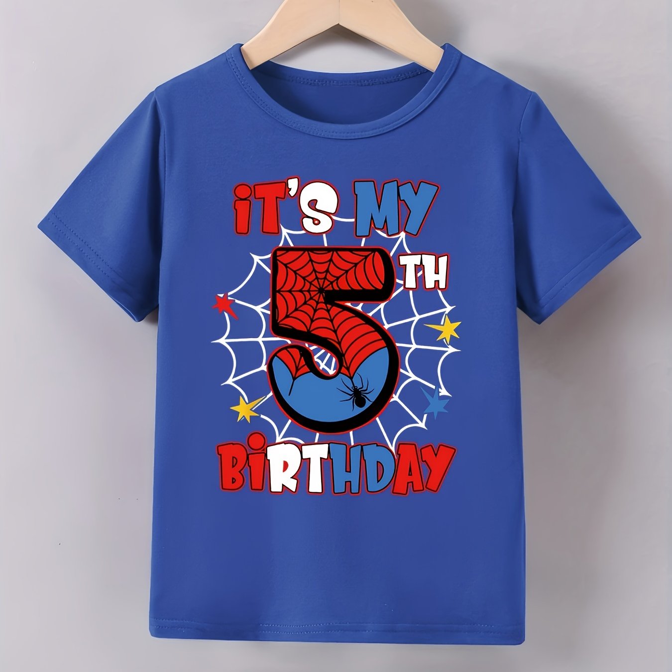 Spring, Summer And Autumn Boys' Casual, Fashionable, Trendy And Cute Cartoon " My Fifth Birthday" Letter Print Short-sleeve Top T-shirt, Suitable For Daily And Outdoor Use