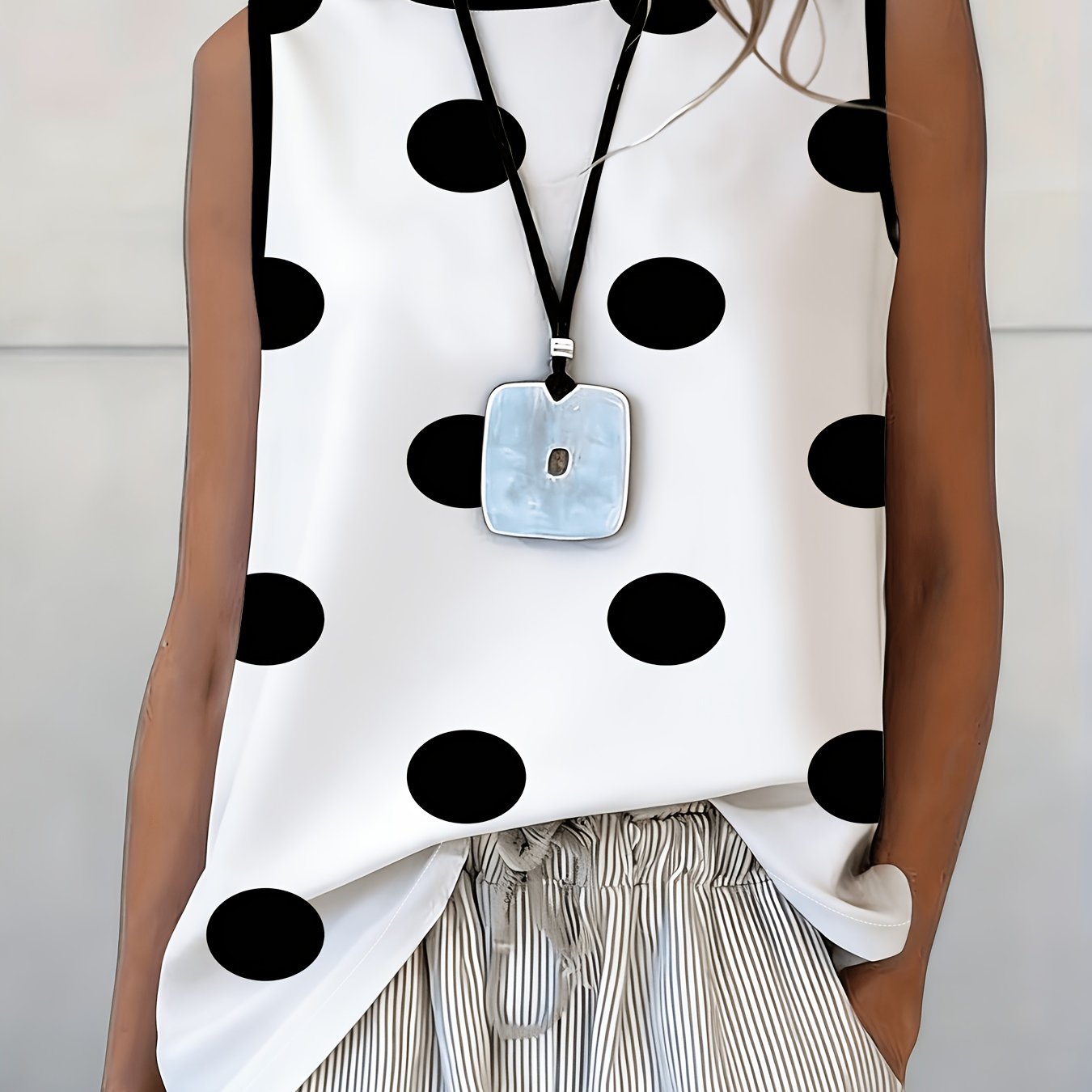 TEMU Black And White Polka Dot Sleeveless Tank Top For Women, Summer Loose Fit Fashionable Versatile Casual T-shirt