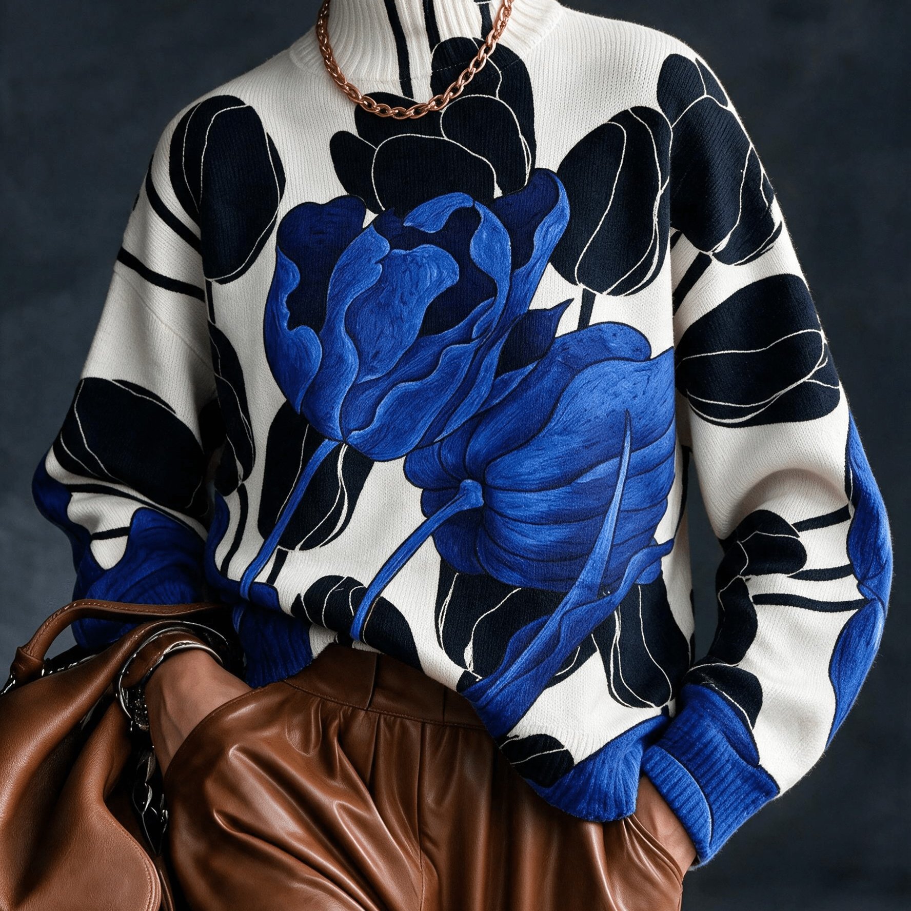 TEMU Grande Taille - Motif Plat 2D Automne Hiver Mode Tendance Polyvalent Pull Col Manches Longues Haut Femme Motif Floral Impression Numérique Mode
