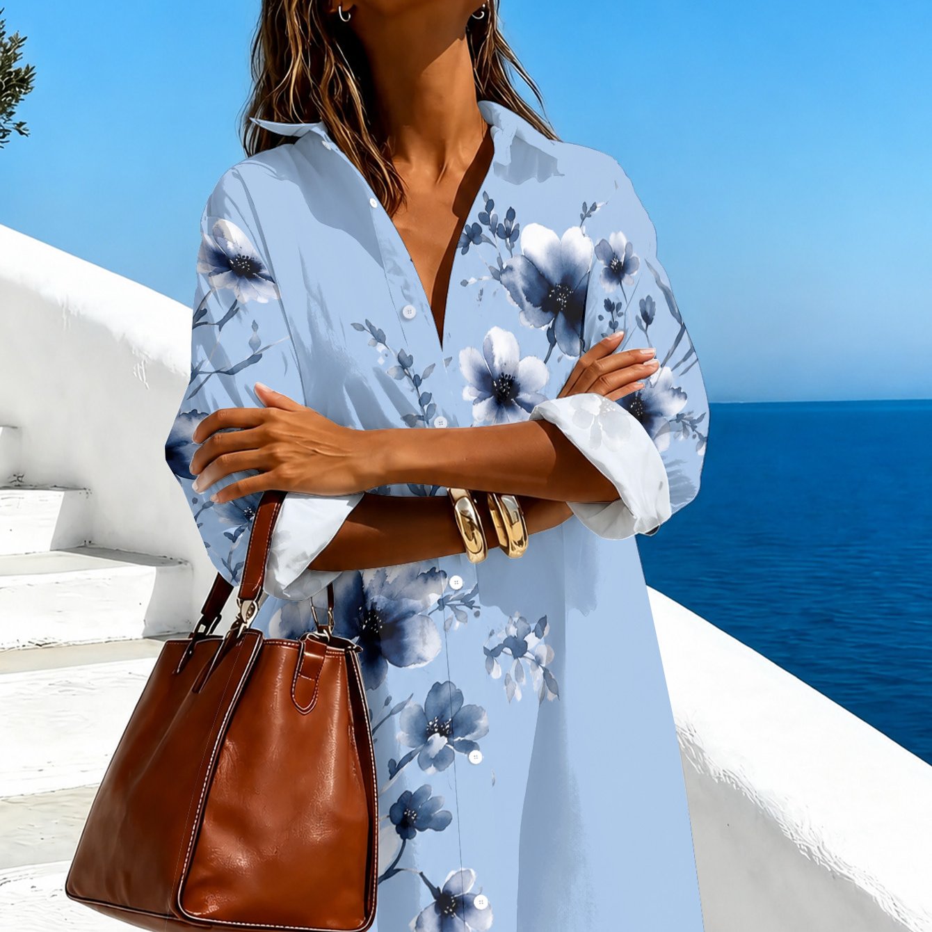 TEMU Plus Size, Printed Design - Not Textured Plus Size Lapel Long Shirt, Loose Fit Tummy Control, Light With Floral Branch Print, Long Sleeve