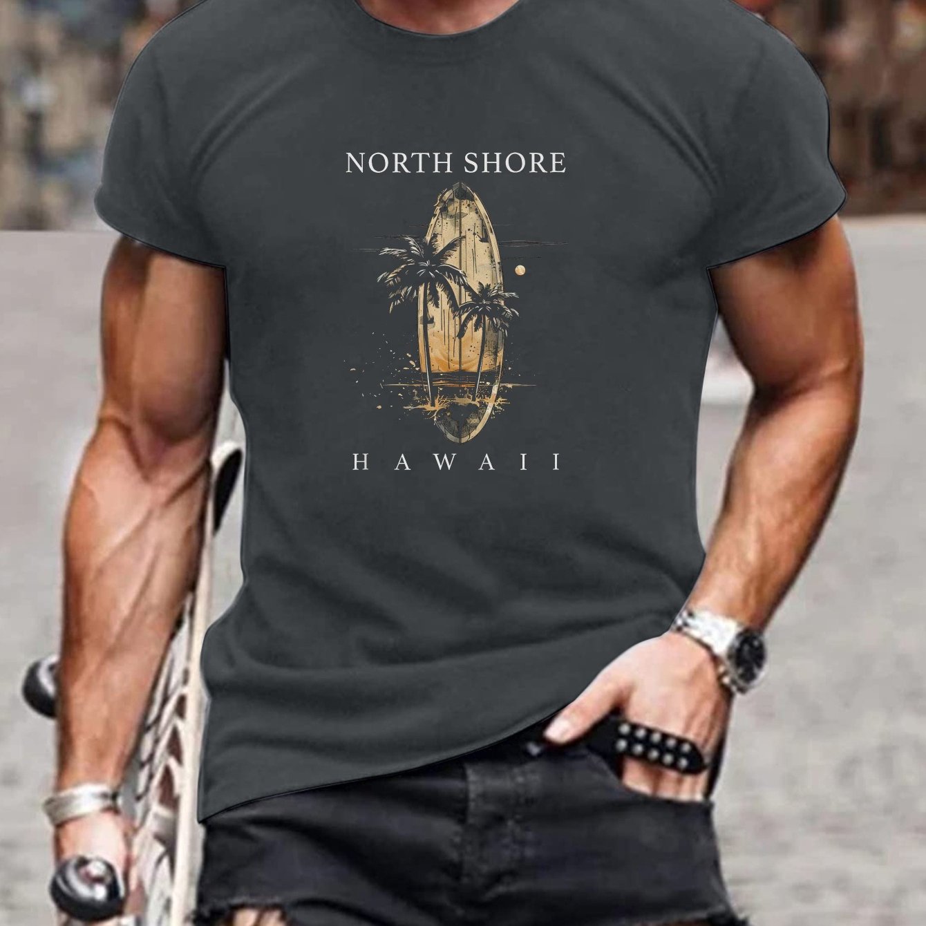 TEMU Surfer North Shore Herren-Plus-Size-T-Shirt - Hawaii-Surf & Palmen-Grafikdruck, Schwarzes Freizeit-Kurzarmshirt, Atmungsaktive