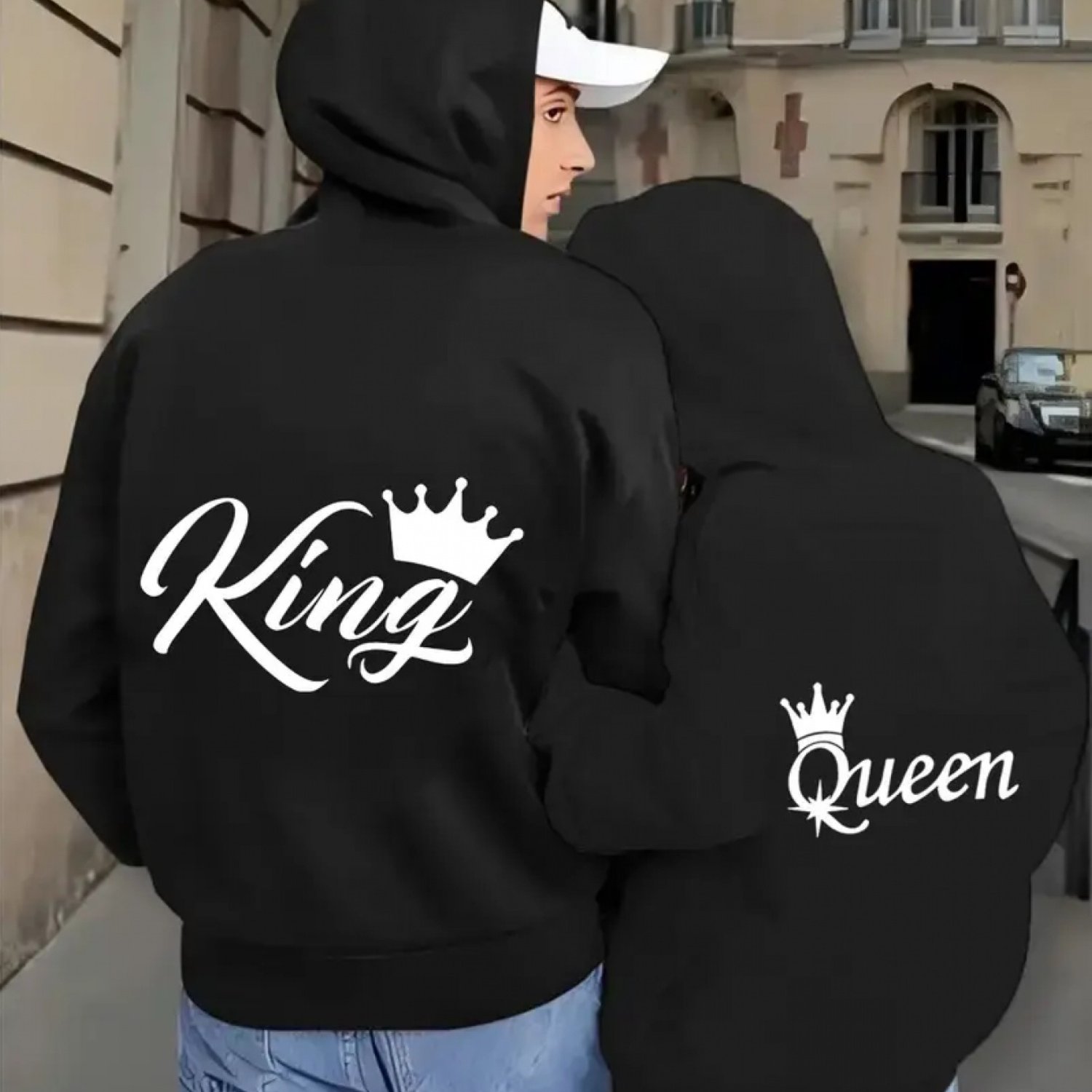 TEMU Men's & Women's Matching Hoodies - Graphic Pullover Sweatshirts, Black Hooded Sweatshirts With Drawstring Hood For Couples, Casual Streetwear