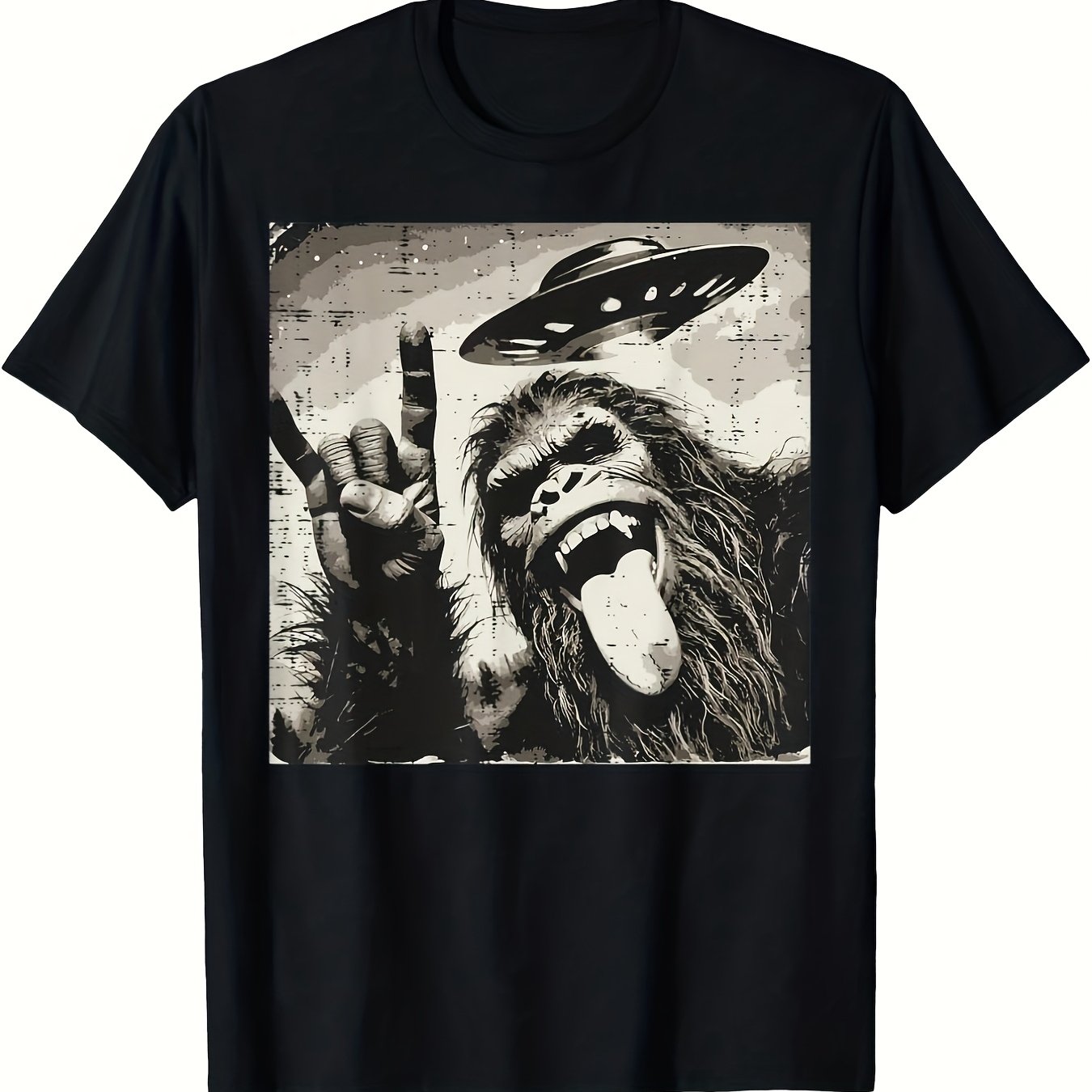 TEMU Men's Big Foot Rocker Sasquatch & Ufo Graphic T Shirt 100% Sm Heavyweight Loose Fit Straight Shoulder Tee With Big Foot Rocker Tongue & Ufo