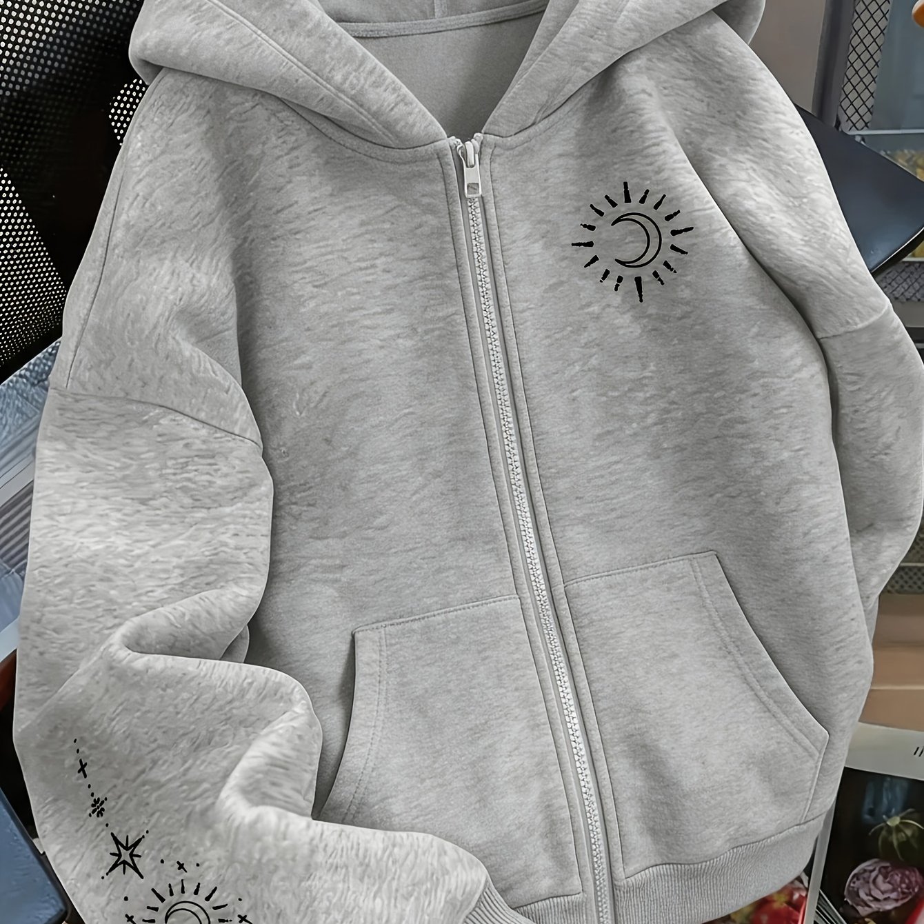 TEMU Artistic Moon Pattern Print - Y2k Zip-up Hooded Sweatshirt - Fashionable And Comfortable Zip-up Jacket, Casual Athletic Wear, Casual Athletic