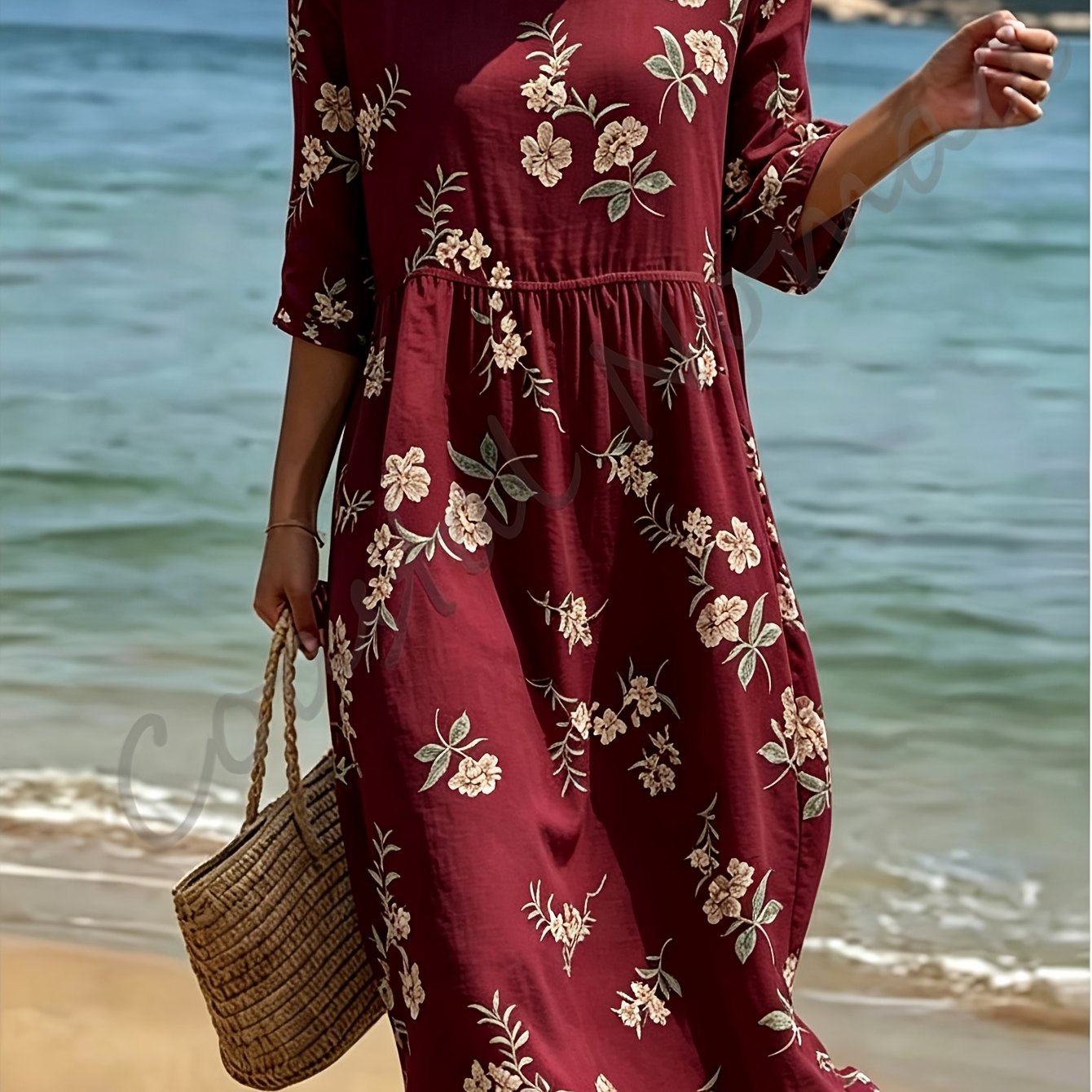 Women's Summer Dress, Round Neck, Three-quarter Sleeves, Retro-style Midi Dress, Breathable Polyester Fabric, 2d Printing. Suitable For Commuting And Vacation.