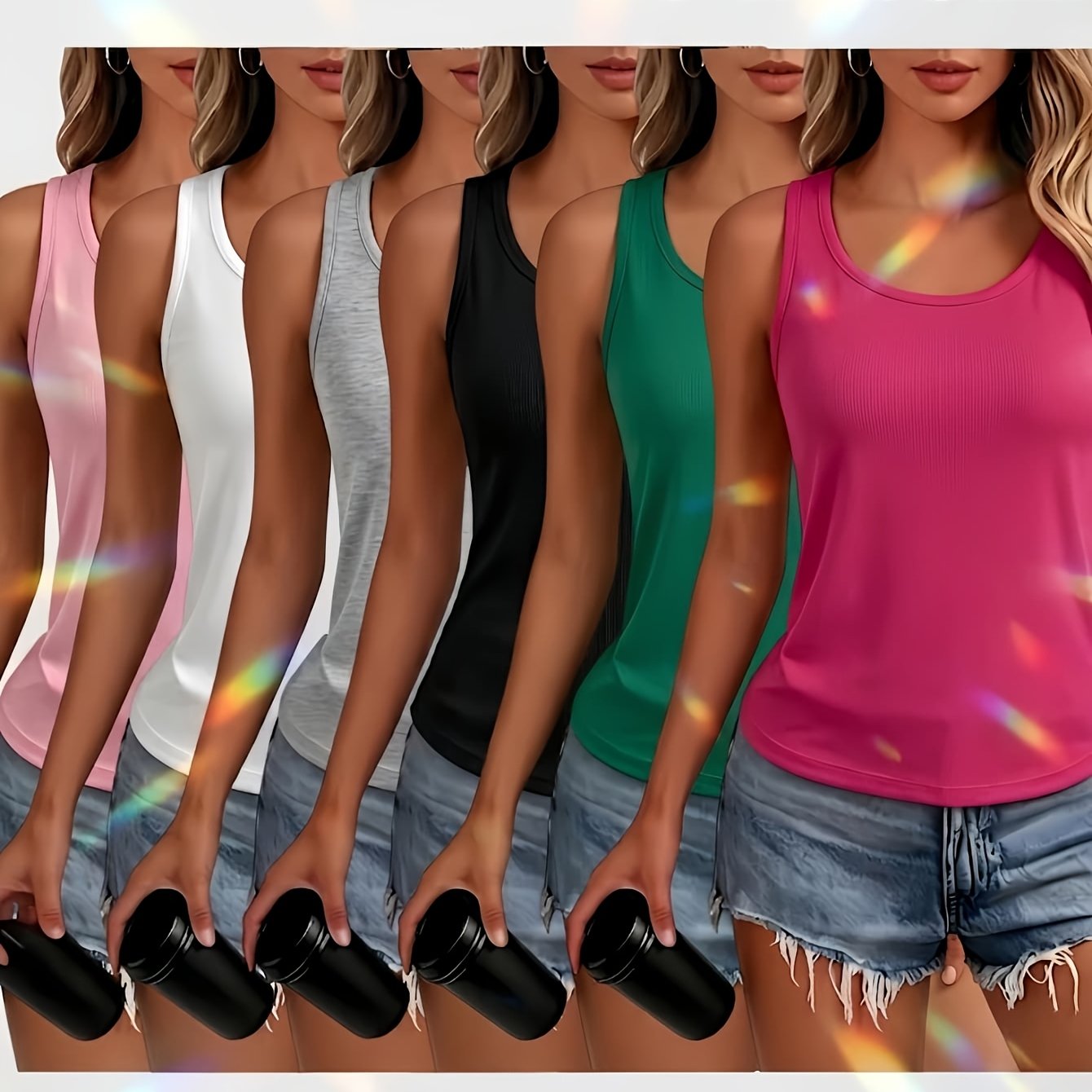 6pcs Women's High-stretch Breathable Sleeveless Vests - Solid Color Round Neck Basic Layering, Athletic Blouses Suitable For Daily Wear, Gym, Office, Machine Washable, Non- Opaque Shirts