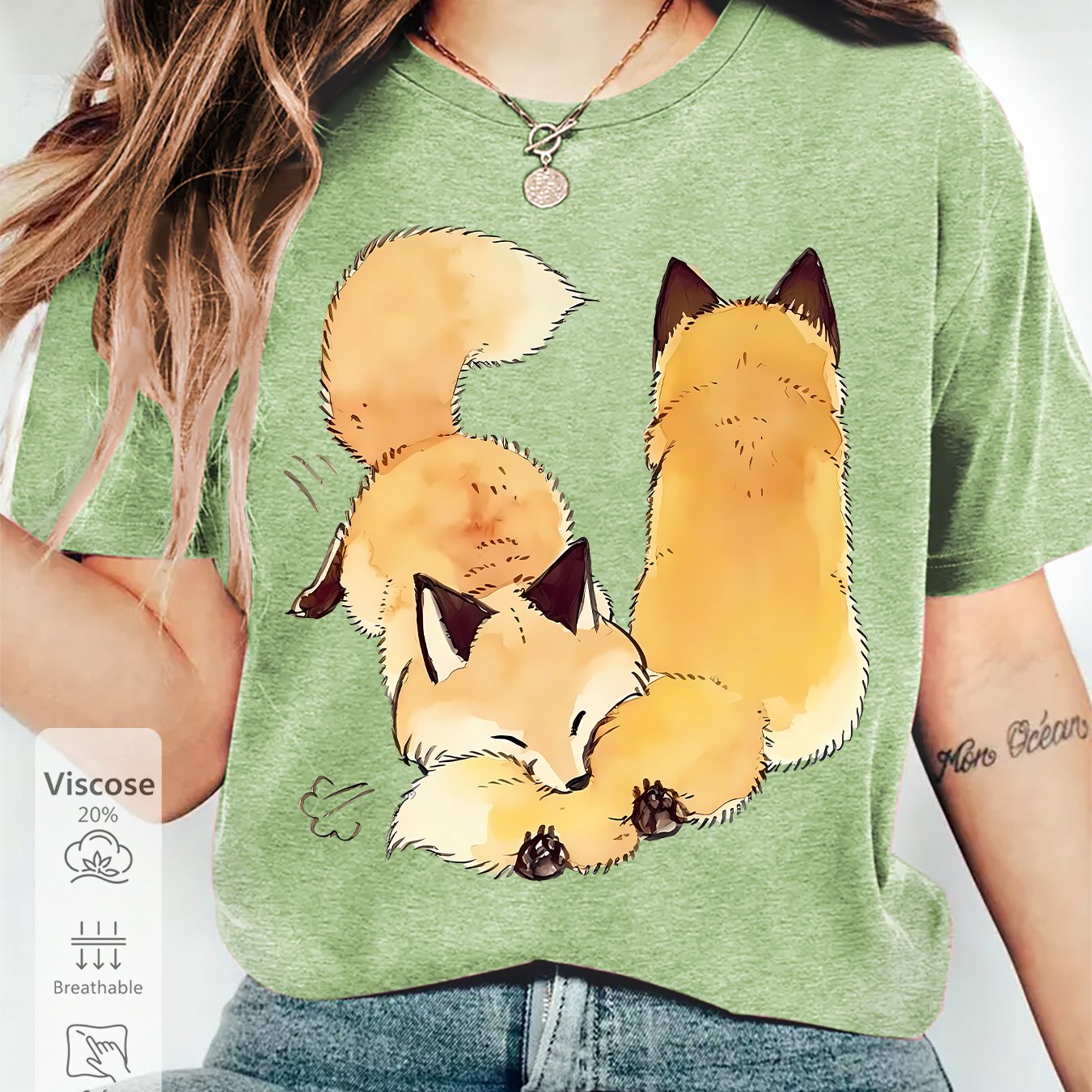 TEMU New Women's Summer Apparel, Watercolor Fox Print Round Neck Short Sleeve T-shirt, Sporty Casual, Lightweight, Comfortable, Soft, And Stylish,