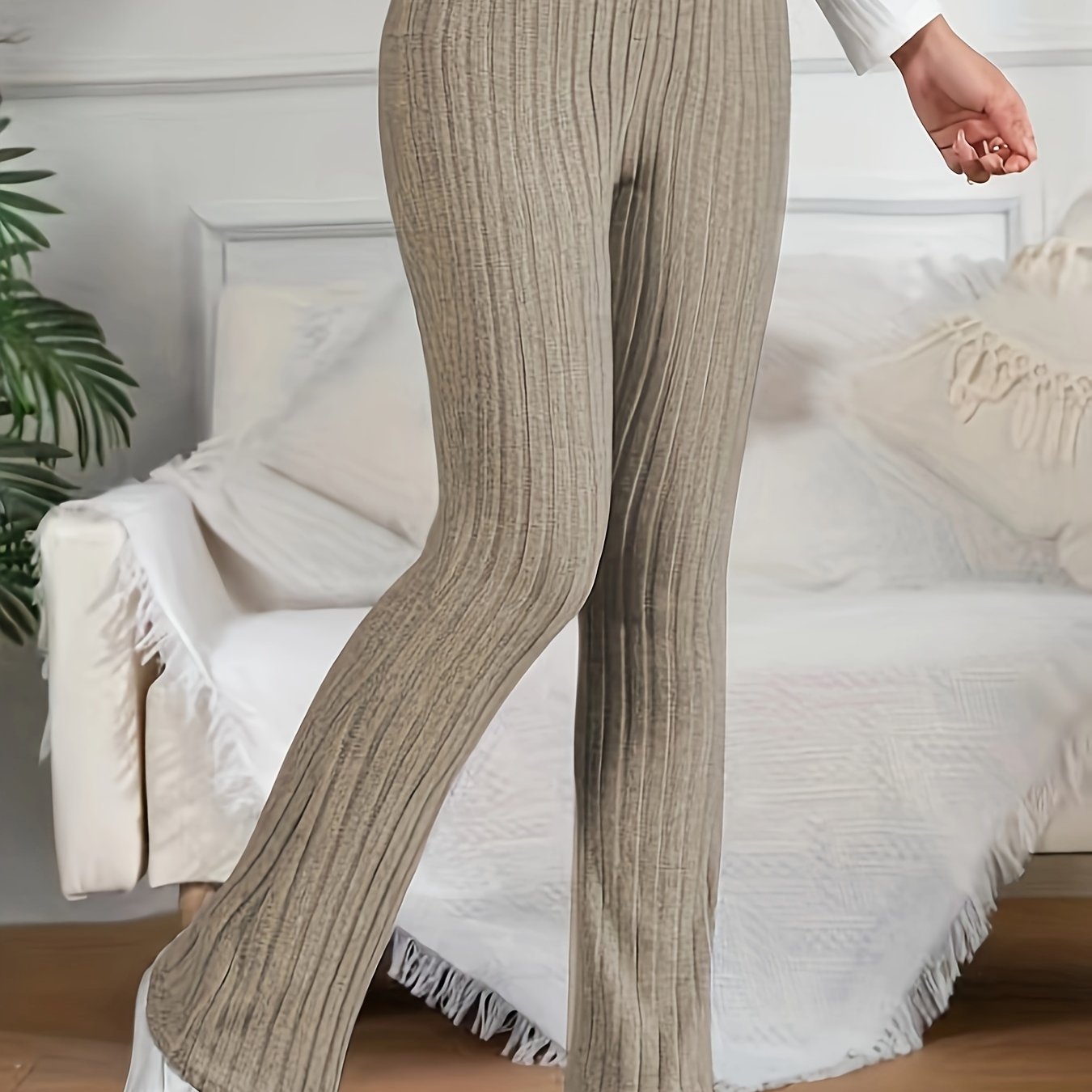 Ribbed Flared Leg Pants Casual High Waist Solid Long Length - Temu Israel