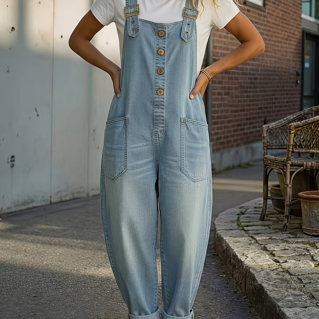 TEMU Women' Color Denim Jumpsuit - High Waist Harem Overalls With Adjustable Straps & Front Button Closure, Breathable Non-stretch Suitable For Daily