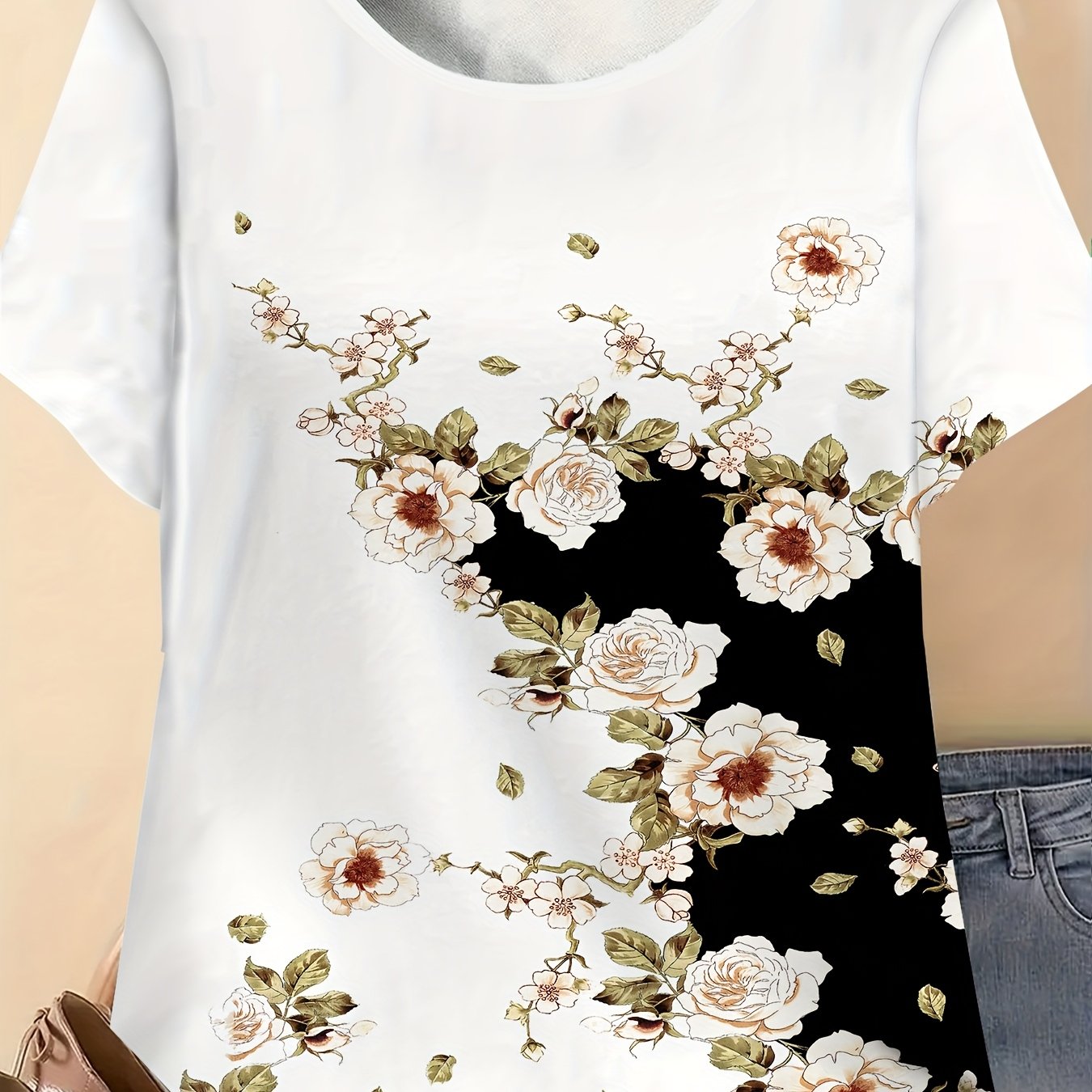TEMU Women's Plus Size Casual Floral Print Short Sleeve T-shirt - Crew Neck, Stretchy Polyester Blend, Dark Blue With Golden Accents, Summer Outdoor