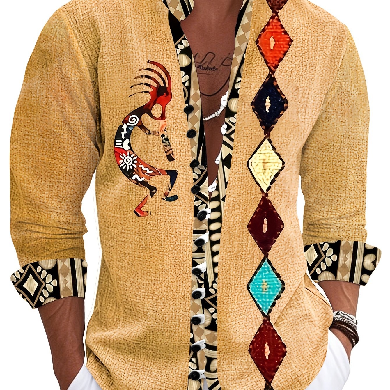 Image of Men's Fashion Shirt With Yellow Indian Print, Ethnic Design, Party And Outdoor Wear Long Sleeve Casual Shirt