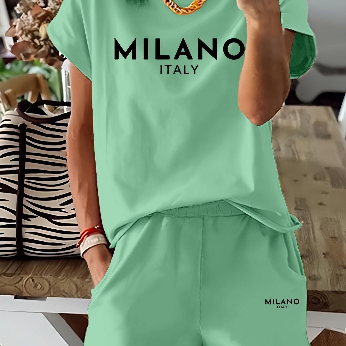 TEMU Letter Print 2 Piece Set, Short Sleeve T-shirt & Shorts, Women's Clothing