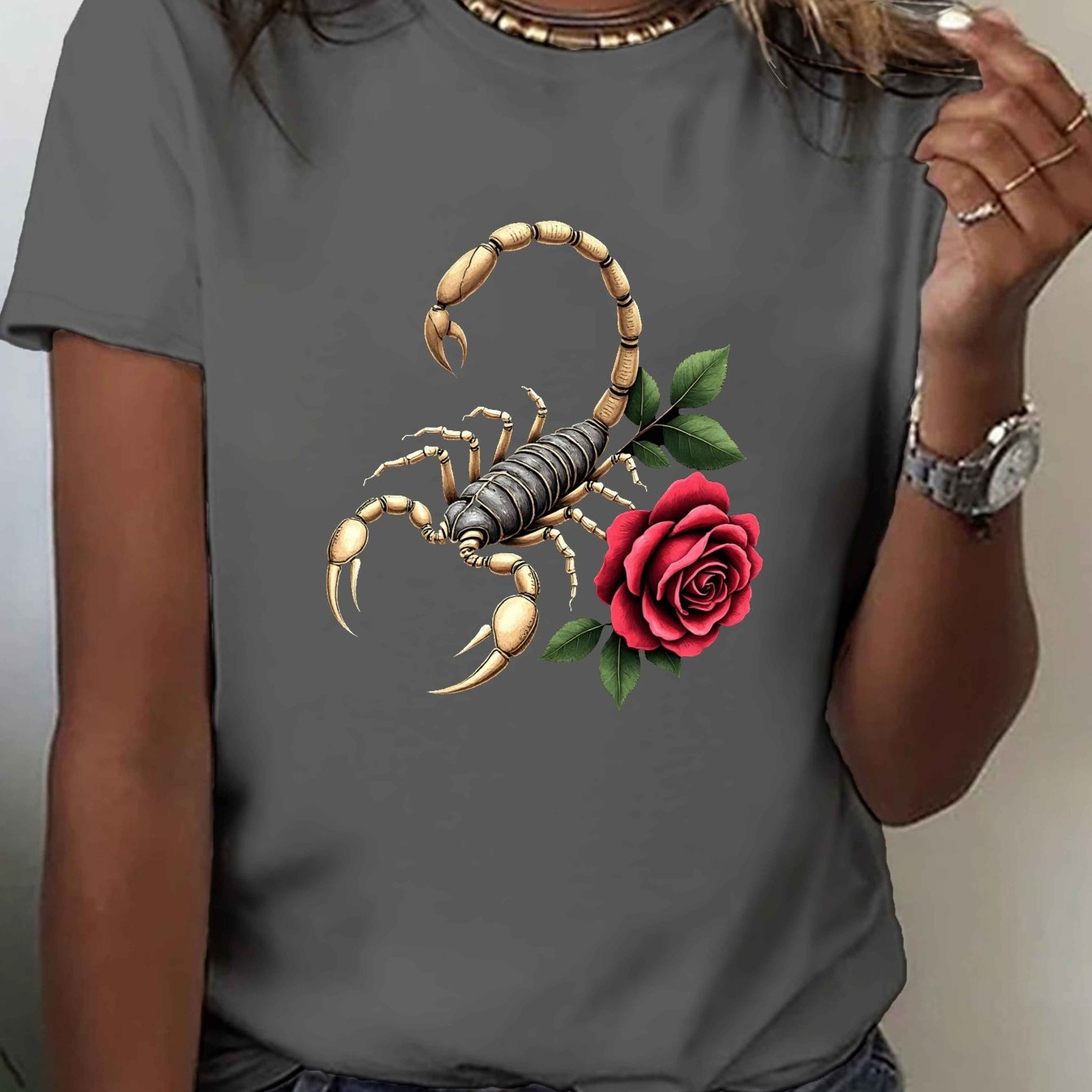 TEMU Women's And Rose Print T-shirt - Short Sleeve Crew Neck Top With & Rose Graphic, Medium-stretch Casual Blouse For Spring Summer Casual Attire