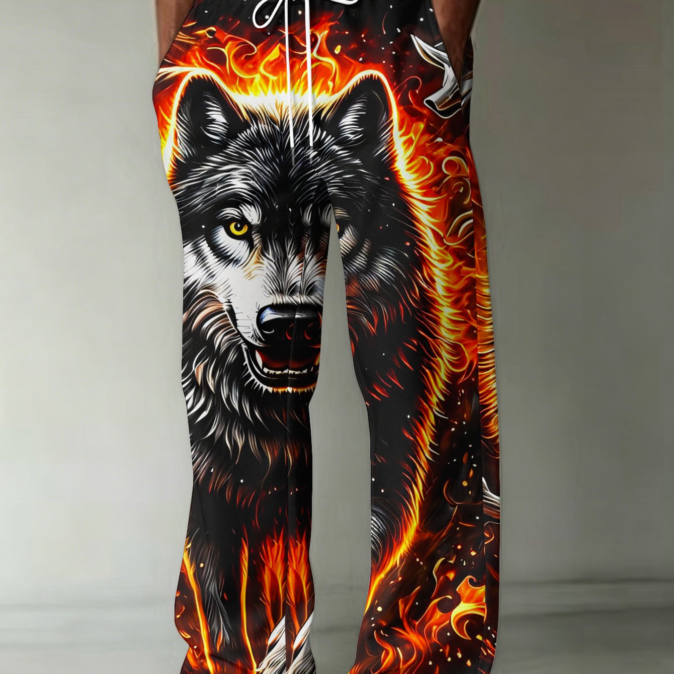 TEMU [print - Not Textured] Fashion Print Men's Trousers 1pc Silvery Black Wolf In Flames, Surrounded By Wolves, Fire Pattern, With Pockets,