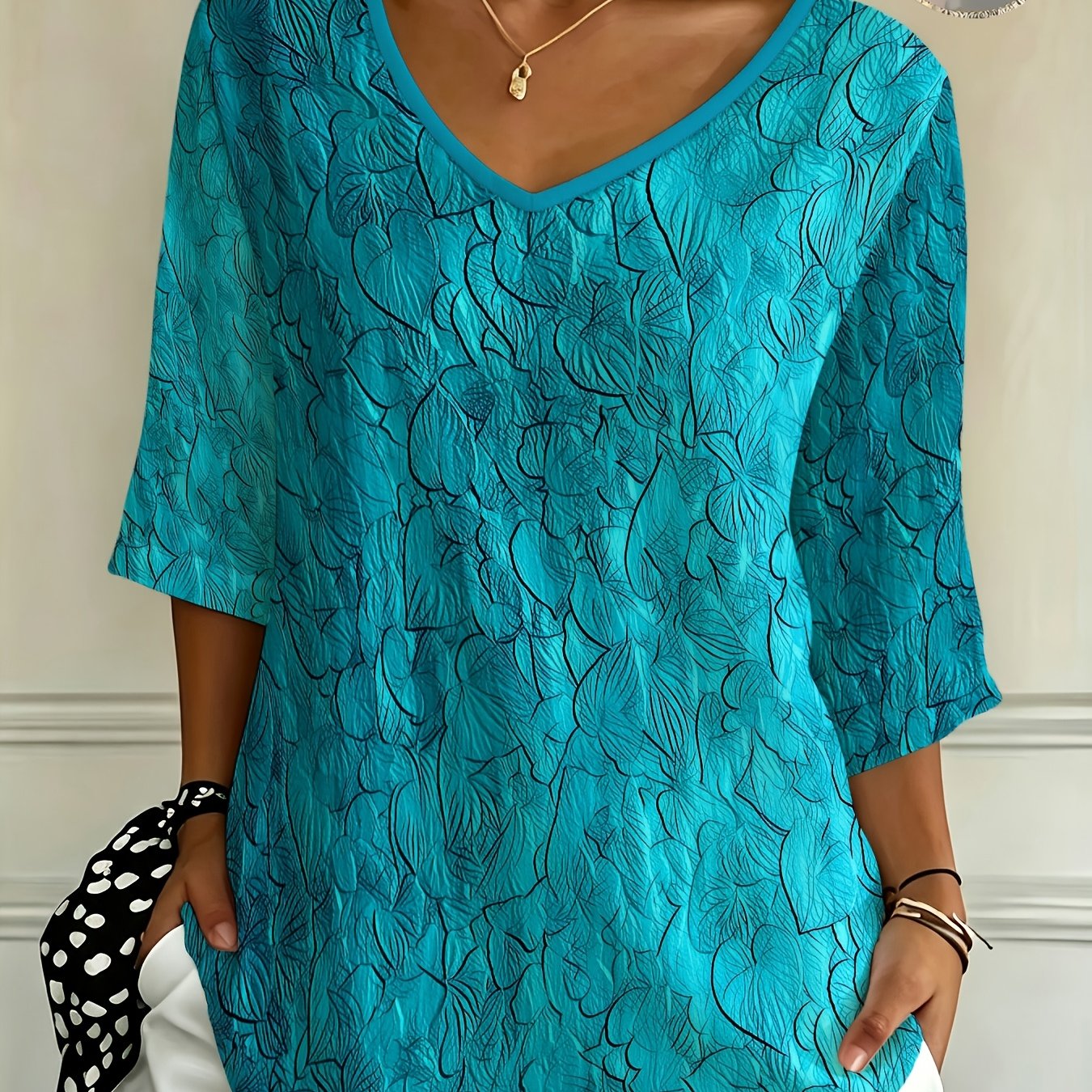 TEMU Plus Size - [2d Flat Print] Casual Fashion Summer Autumn New Women's Plus Size Loose Abstract Line Leaf -quarter Sleeve V-neck T-shirt Top