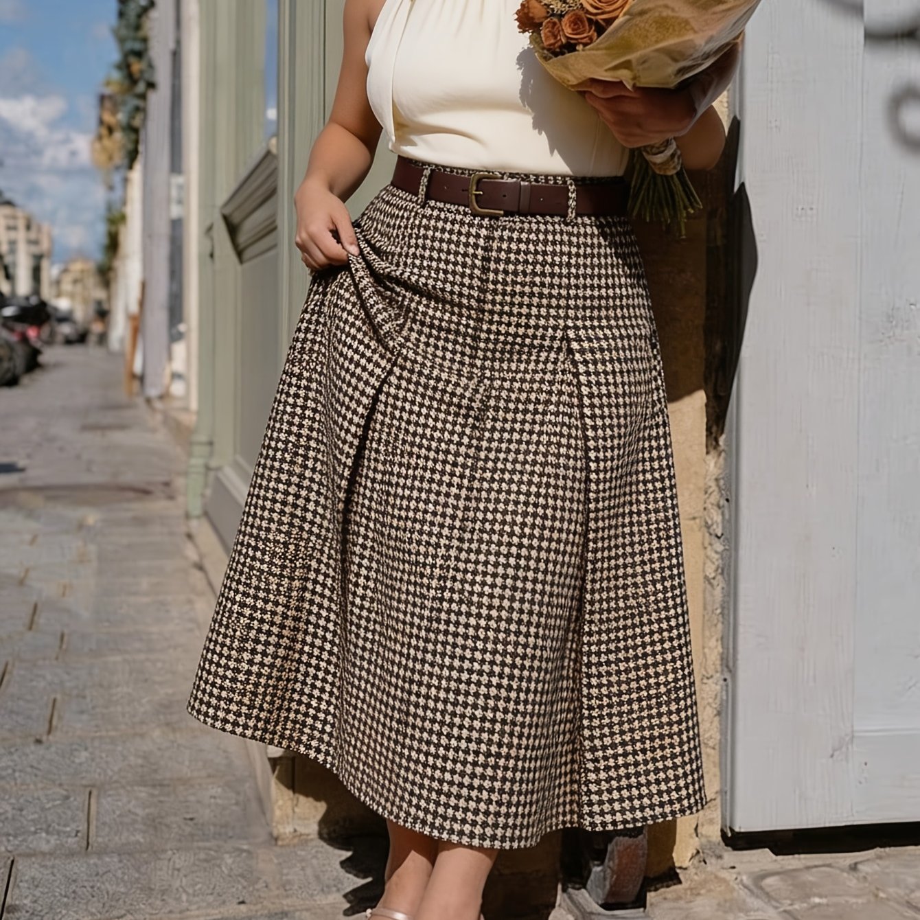 TEMU Plus Size - Didi Size Waistless A-line Skirt, Chocolate Brown Autumn Party University Style, Retro Checkered Winter Business Casual Wear