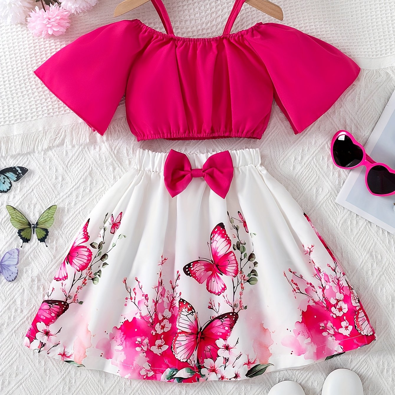 Two-piece Young Girl Fashion Casual Plain Color Halter Neck Short Sleeve Top Print Elastic Waist Bow Half Skirt Set For Casual Attire At Home Or Outing Summer Style, Perfect For Outdoor, Halloween