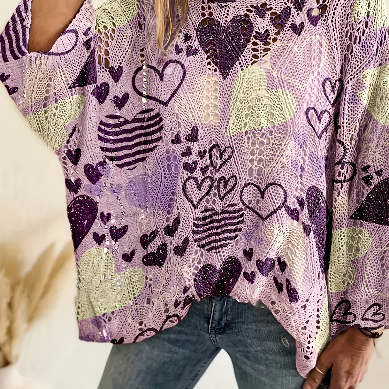 TEMU 2d Flat Pattern Spring/summer Fashion New Pullover 3/4 Sleeve Hollow Out Women's Top Heart Pattern Plane Trendy Women's Clothing Ladies Top