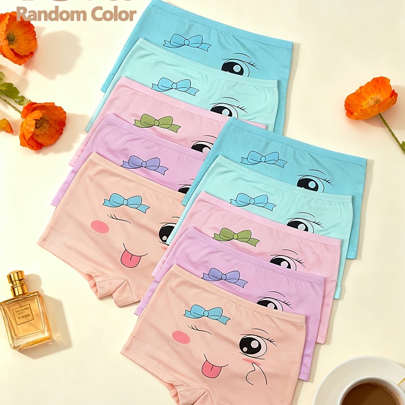 Image of Random 10pcs Assorted Colors Girls' Comfortable Cute Print Panties, Cute Girls' Briefs, Student Quadrilateral Underwear