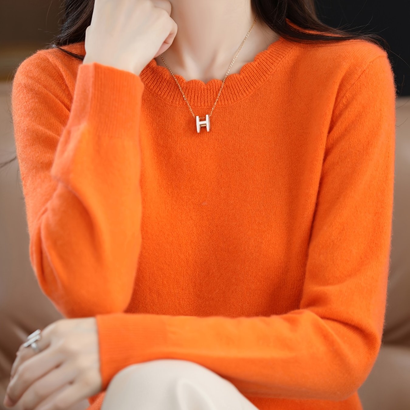 TEMU Solid Crew Neck Pullover Sweater, Elegant Long Sleeve Knitted Sweater For Fall & Winter, Women's Clothing