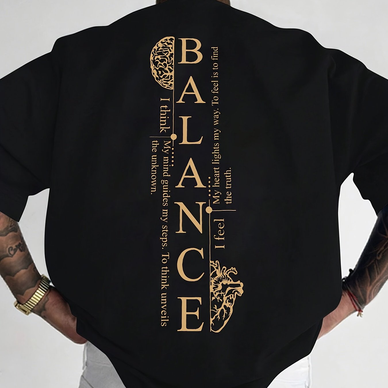 Image of Men's Back Print Graphic T-shirt - Lightweight Breathable Tee With Lettering & Balance Symbol Design, Gym & Casual Shirt, Machine Washable Round Neck Short Sleeve To, Plus Size