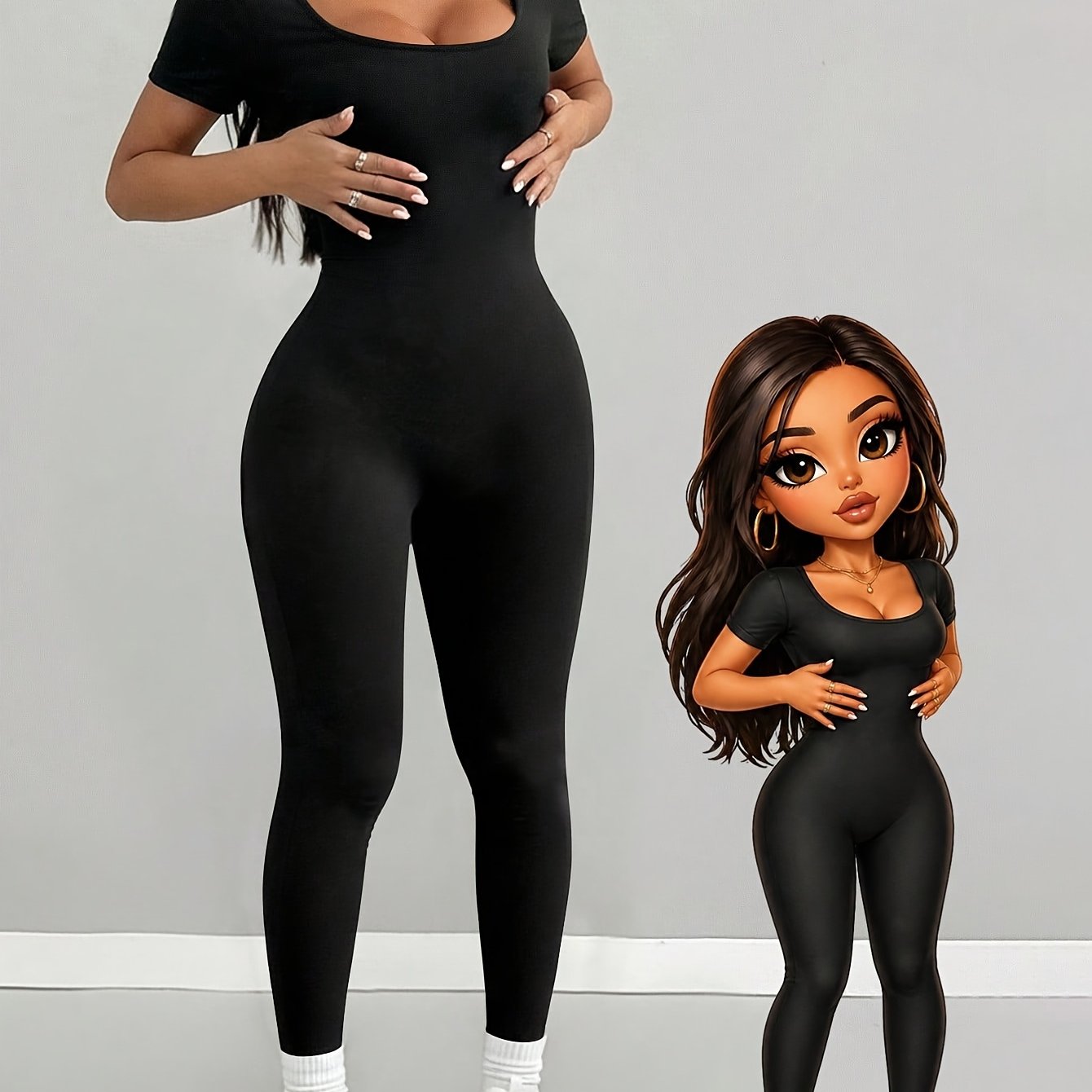 TEMU Ins-style Slim-fit Jumpsuit, Black Square Neck Short Sleeve Stretchy Bodycon Hot Jumpsuit
