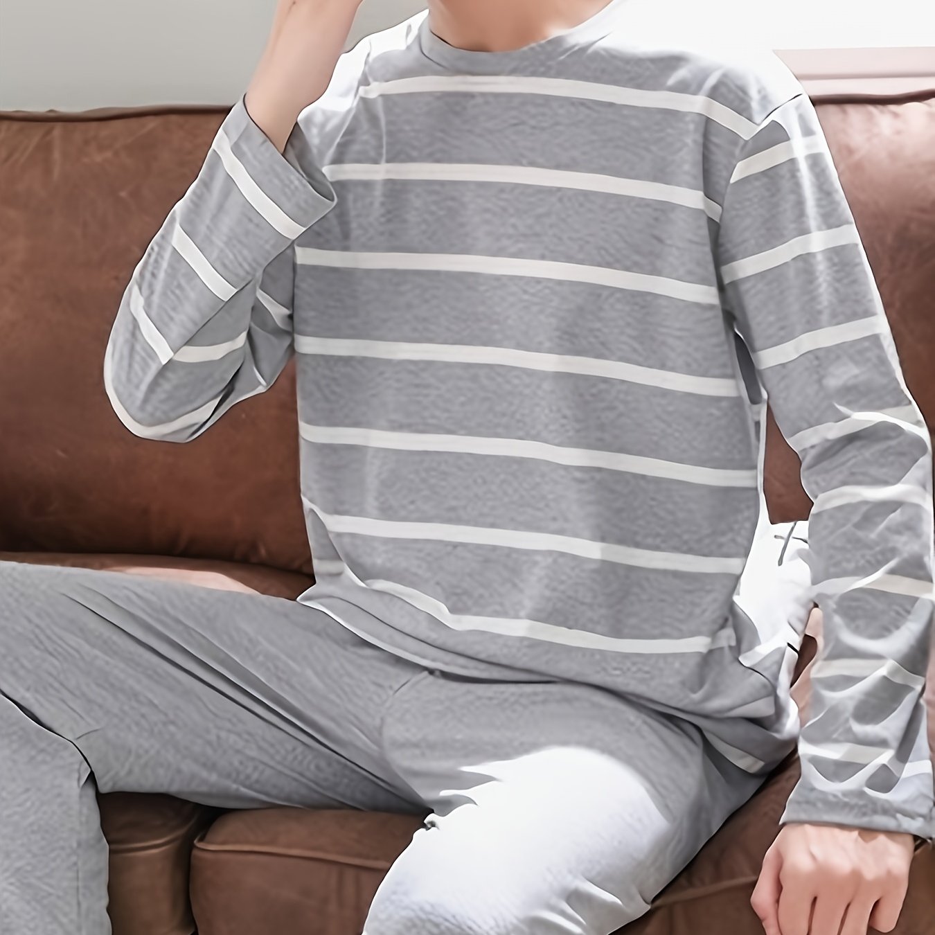 TEMU 2pcs Set, Men's Gray Striped Round Neck Pullover Long Sleeve Top And Solid Color Long Pants Pajama Set