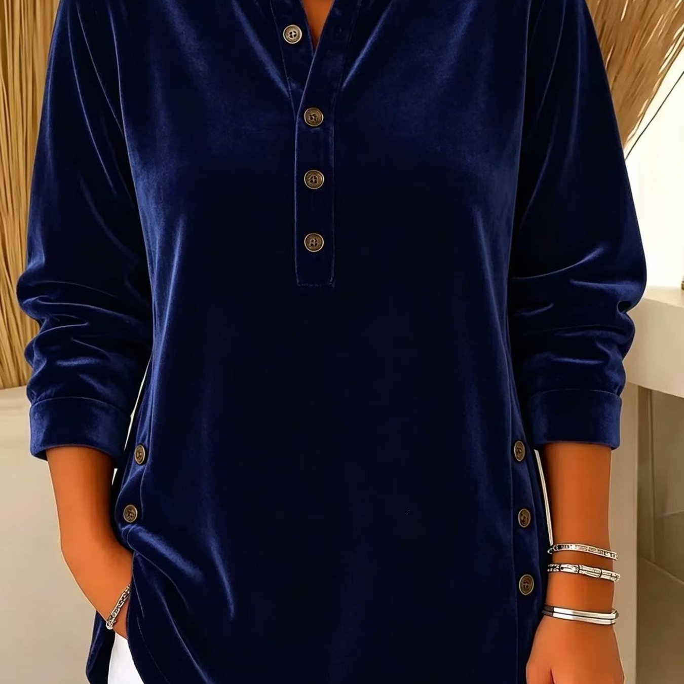 Fall/winter New Style Women's Clothing - Velvet Casual Loose V-neck Long-sleeve T-shirt