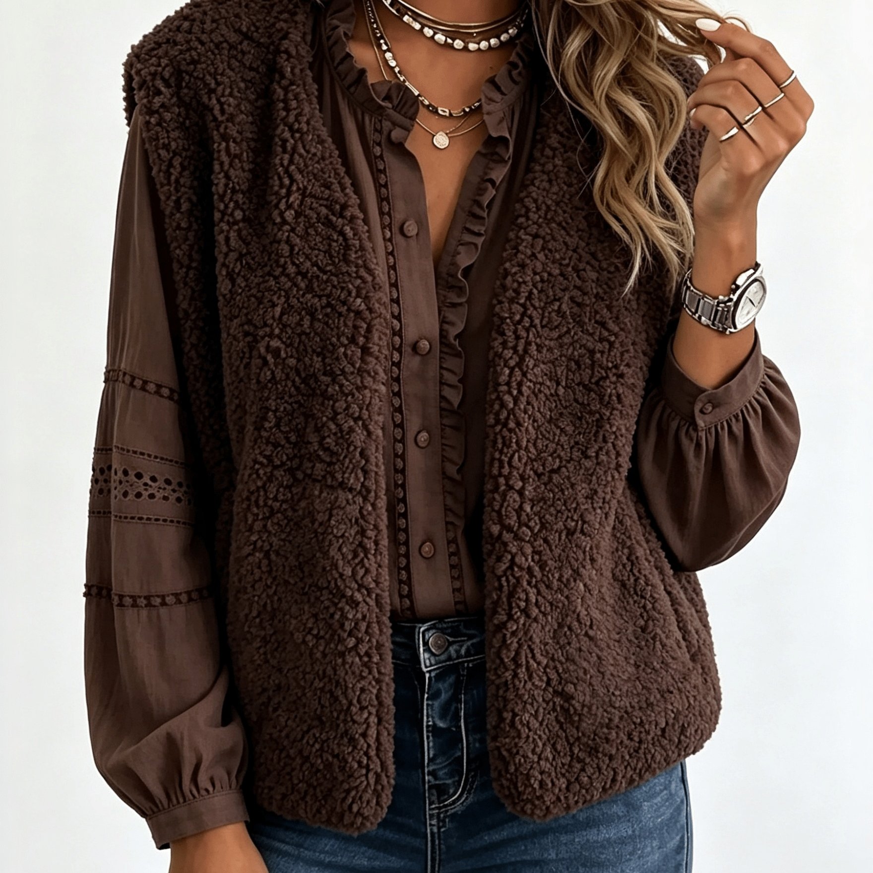 TEMU Veste gilet décontractée et duveteuse de couleur unie pour femme