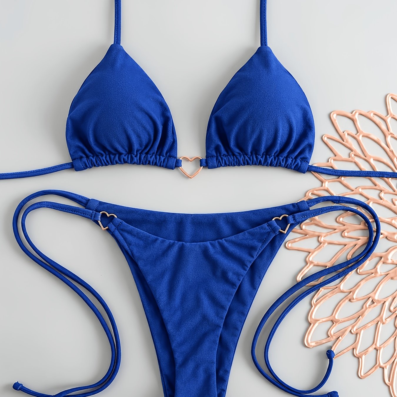 TEMU 2026 Bikini Triangular Liso Azul Real para Mujer, Top Halter con Anillo de y Copas Acolchadas y Tanga de Tira, Traje de Baño Sexy de 2 Piezas